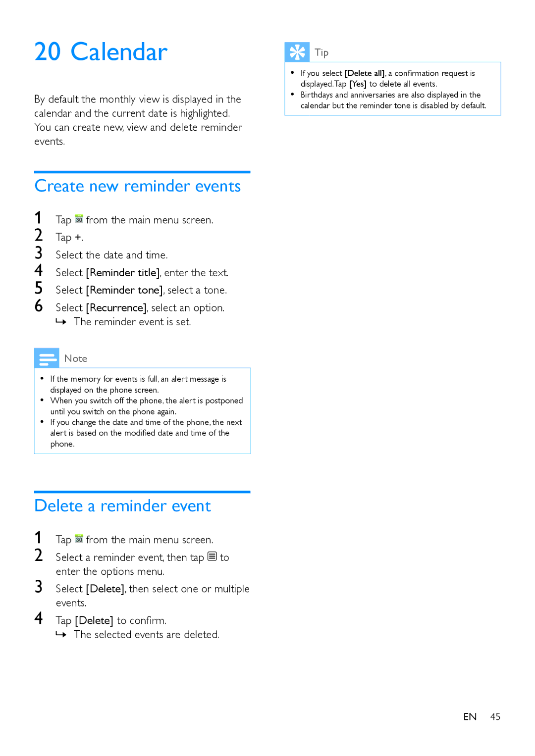 Philips S10A, s10 user manual Calendar, Create new reminder events, Delete a reminder event 