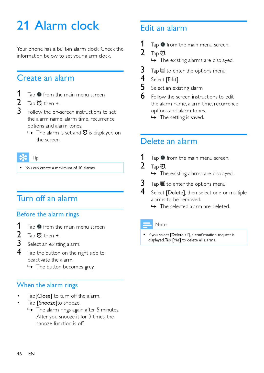 Philips s10, S10A user manual Alarm clock, Create an alarm, Turn off an alarm, Edit an alarm, Delete an alarm 