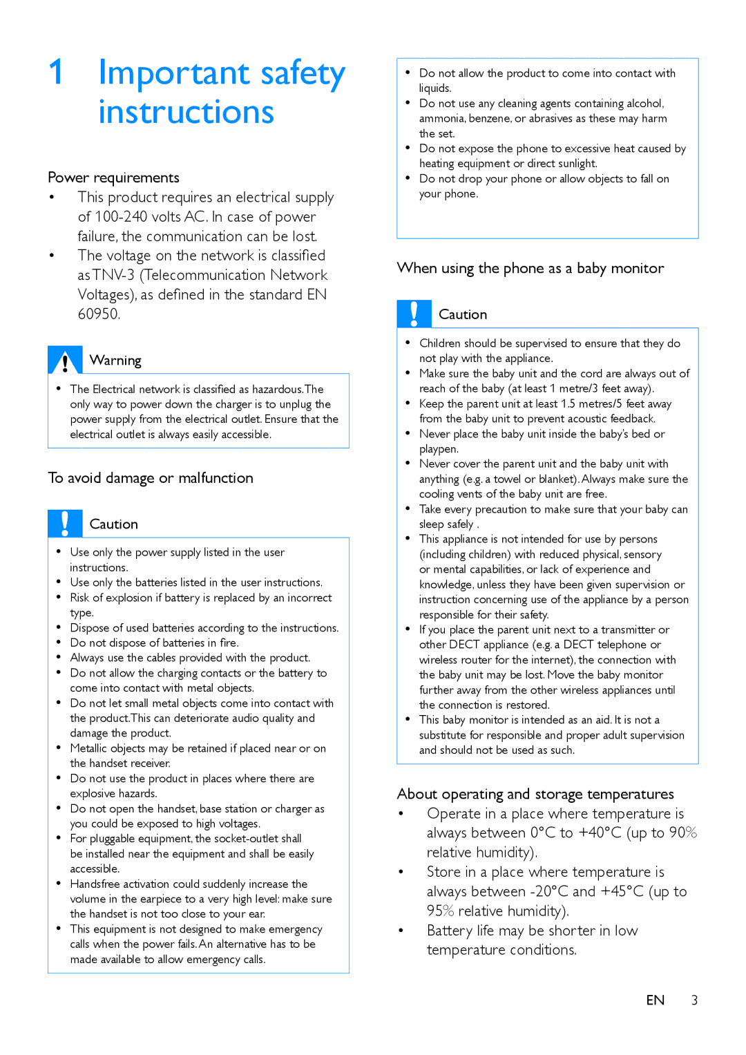 Philips S10A, s10 user manual Power requirements, To avoid damage or malfunction, When using the phone as a baby monitor 