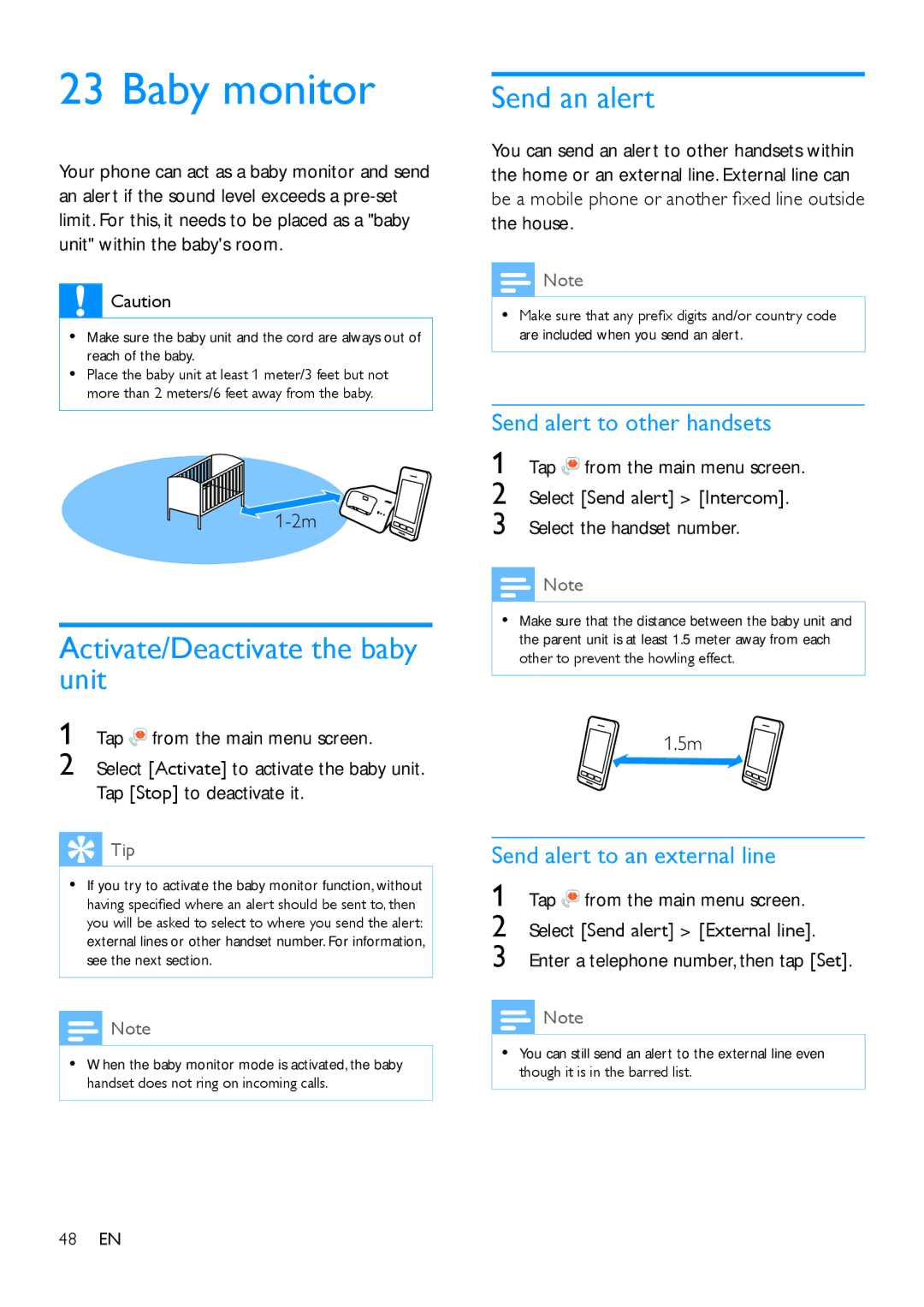 Philips s10, S10A user manual Baby monitor, Activate/Deactivate the baby unit, Send an alert, Send alert to other handsets 