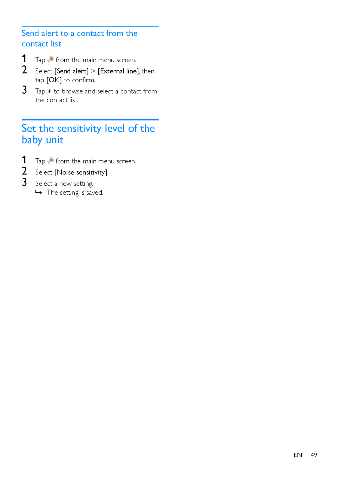 Philips S10A, s10 Set the sensitivity level of the baby unit, Send alert to a contact from the contact list, Contact list 