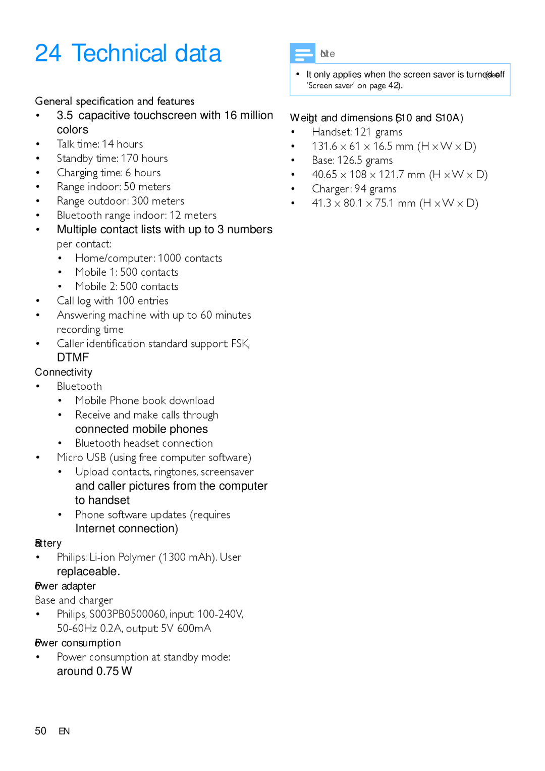 Philips s10, S10A user manual Technical data, Connectivity Bluetooth Mobile Phone book download 