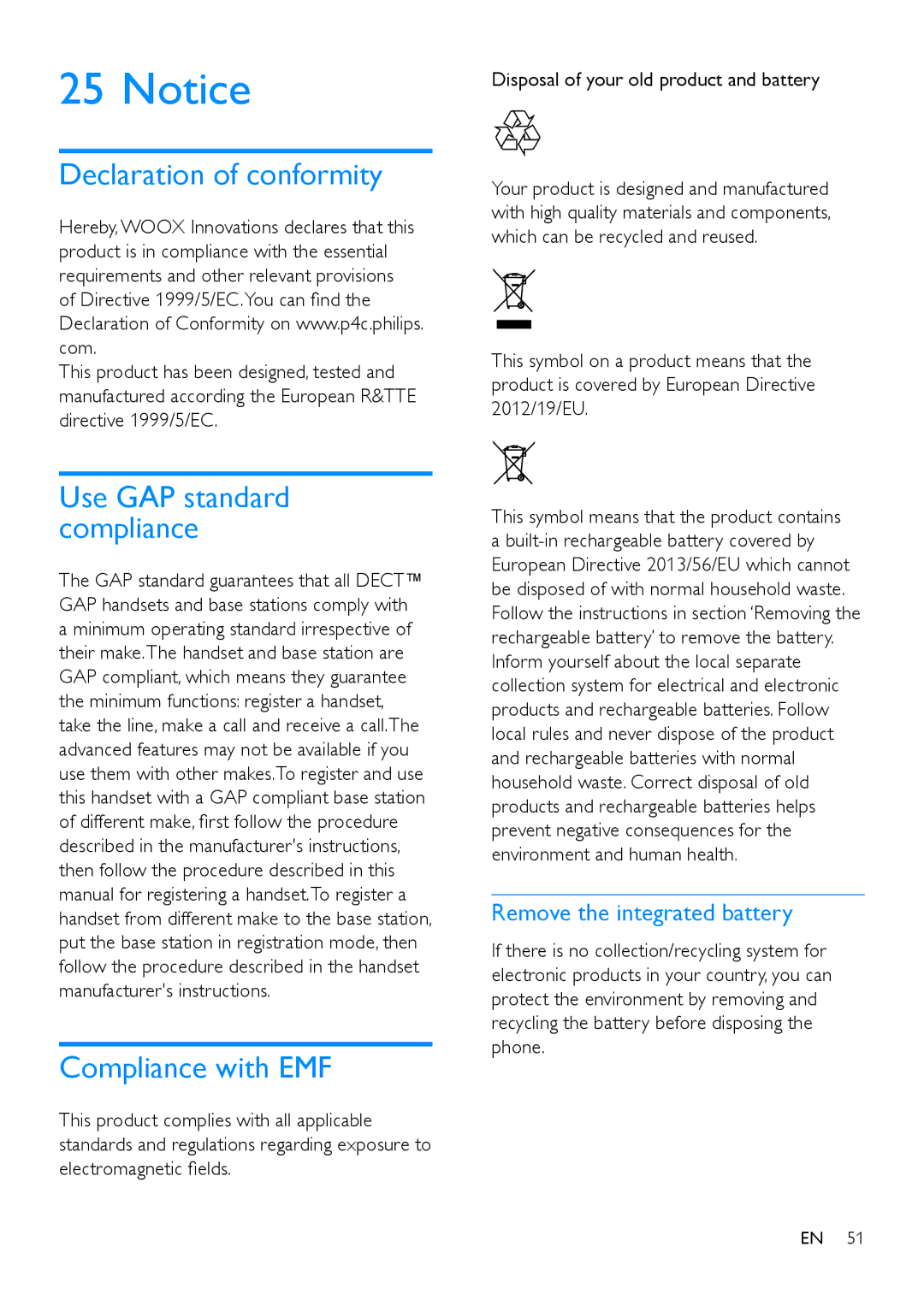 Philips S10A, s10 user manual Declaration of conformity, Compliance with EMF, Remove the integrated battery 