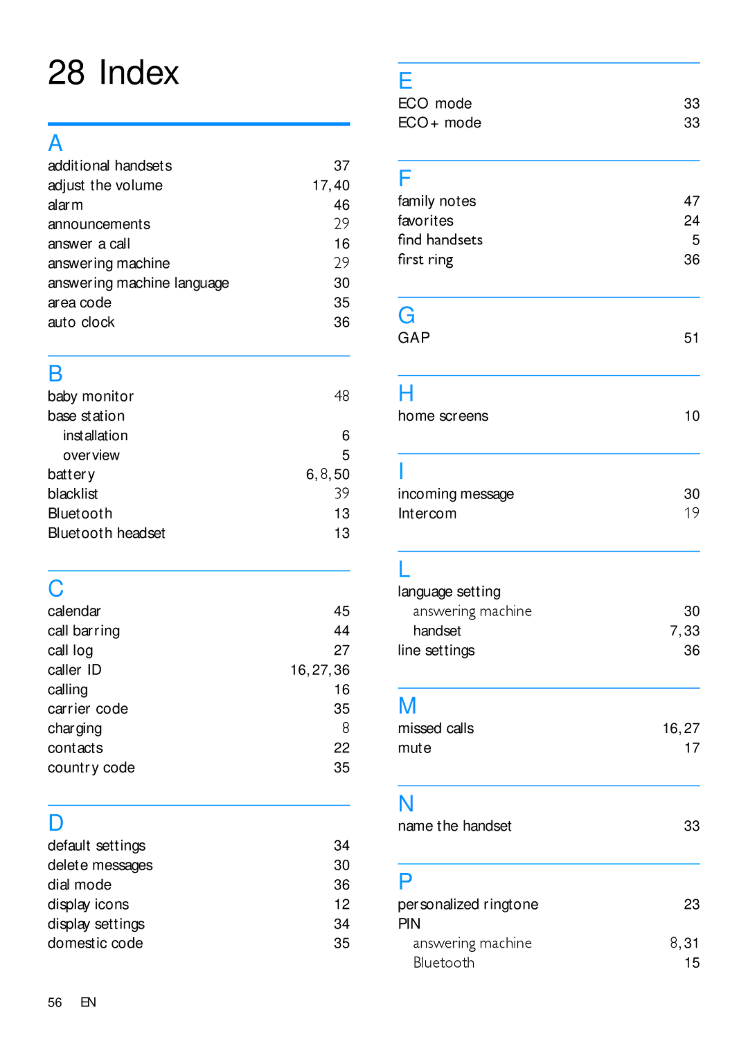 Philips s10, S10A user manual Index, Answering machine Bluetooth 