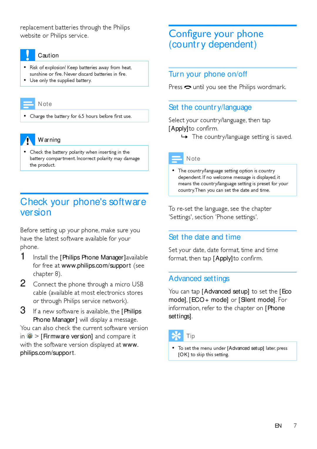 Philips S10A Check your phones software version, Turn your phone on/off, Set the country/language, Set the date and time 