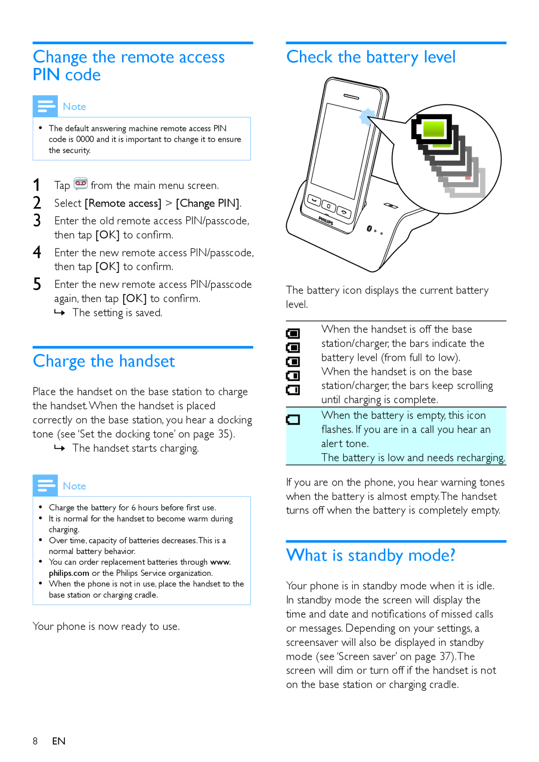 Philips s10, S10A Change the remote access PIN code, Charge the handset, Check the battery level, What is standby mode? 