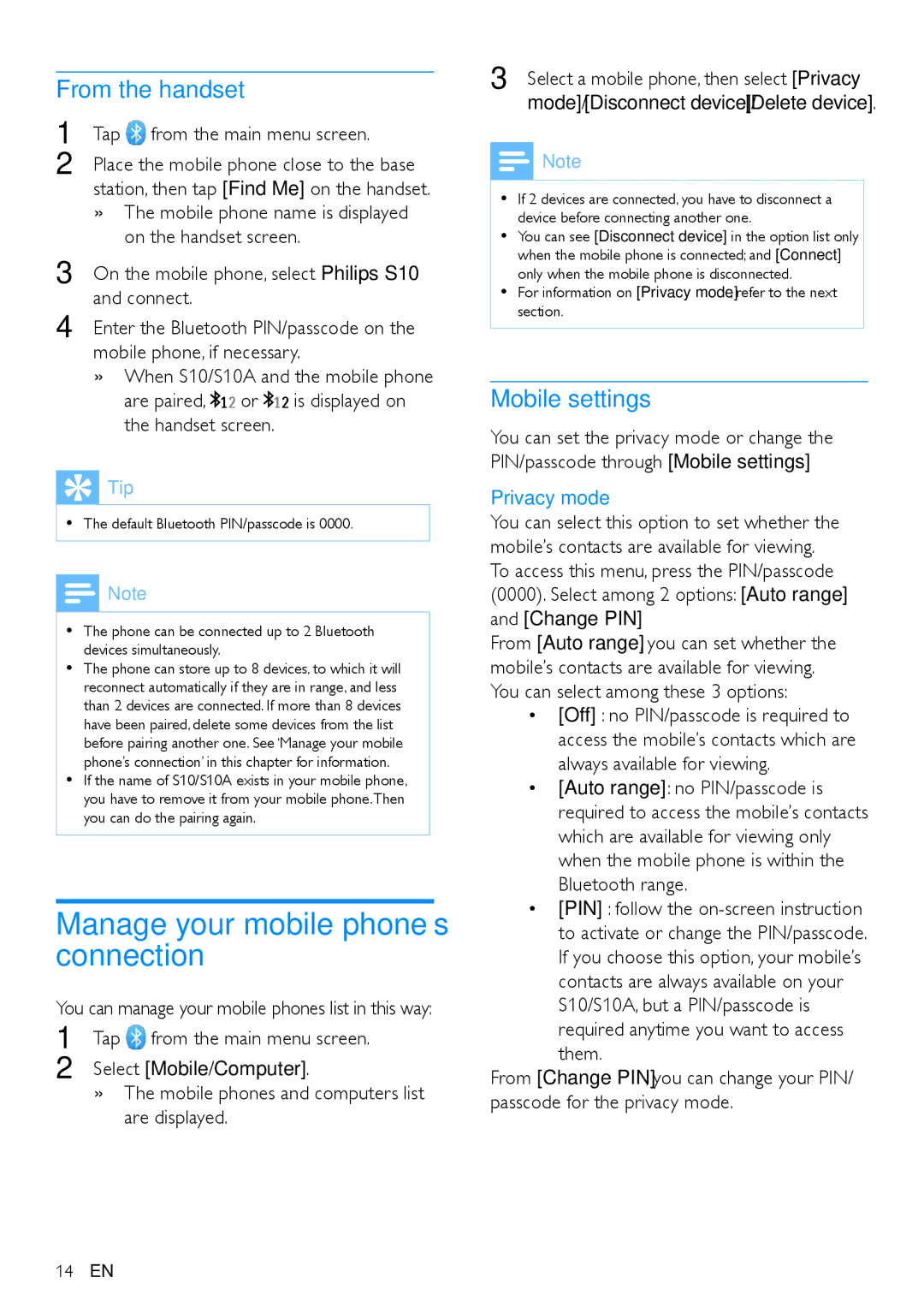 Philips s10, S10A user manual Manage your mobile phone’s connection, From the handset, Mobile settings 