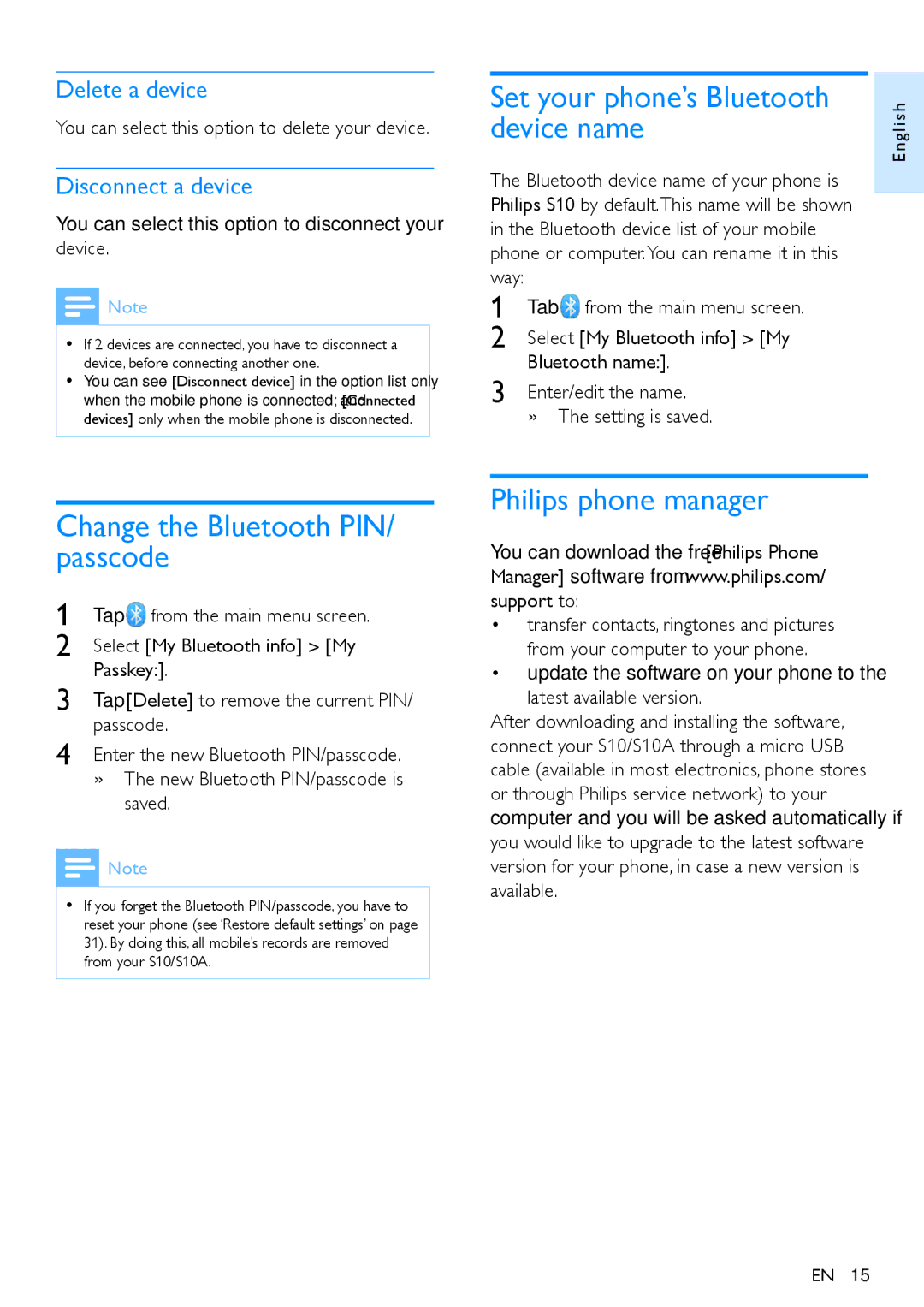 Philips S10A, s10 Change the Bluetooth PIN/ passcode, Set your phone’s Bluetooth, Device name, Philips phone manager 