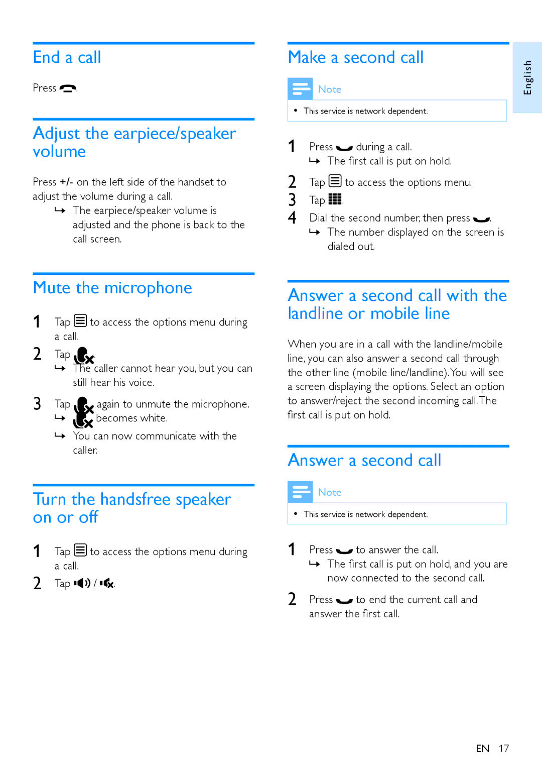 Philips S10A End a call, Adjust the earpiece/speaker volume, Make a second call, Mute the microphone, Answer a second call 