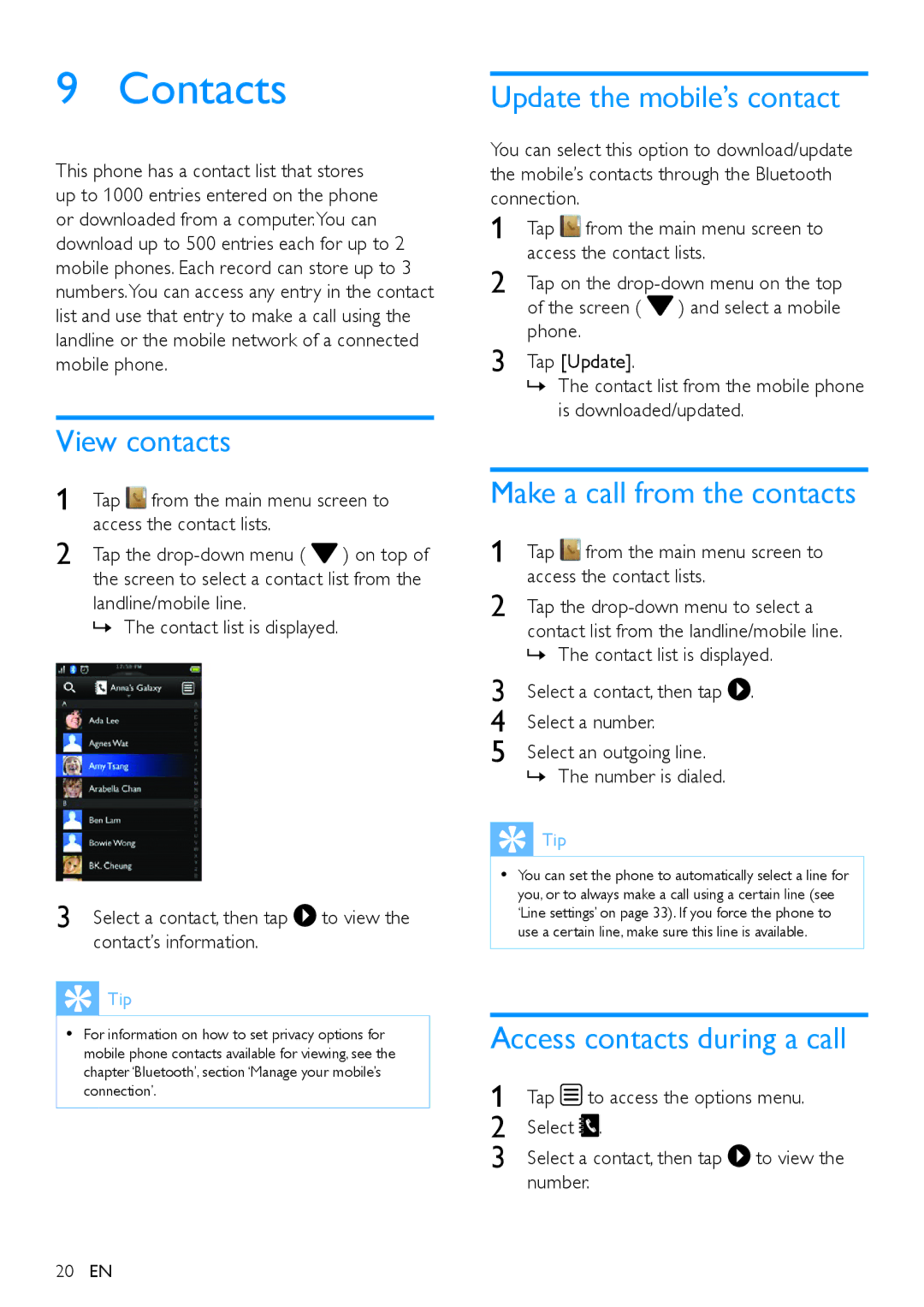 Philips s10, S10A user manual Contacts, View contacts, Update the mobile’s contact, Make a call from the contacts 