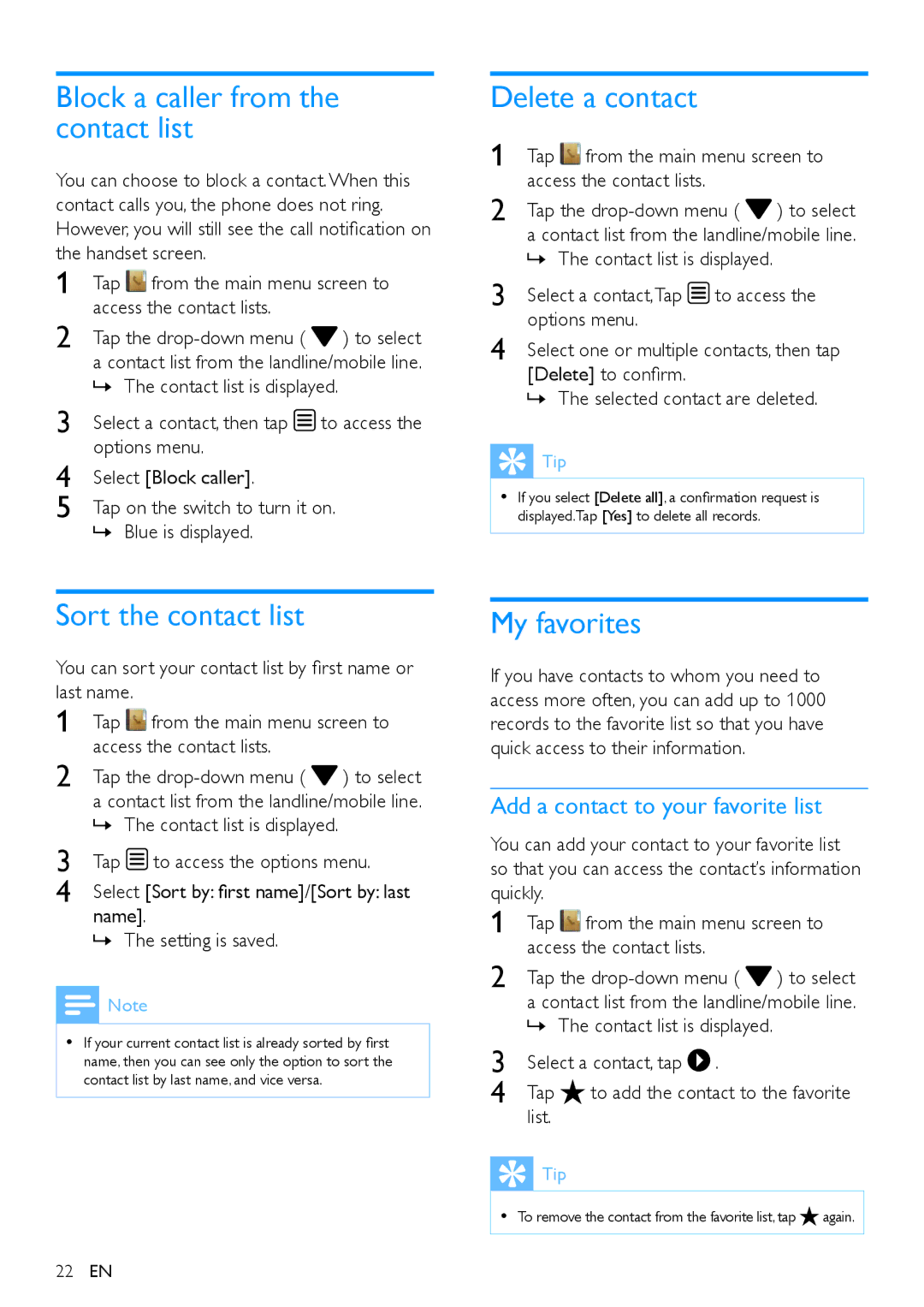 Philips s10, S10A user manual Block a caller from the contact list, Sort the contact list, Delete a contact, My favorites 
