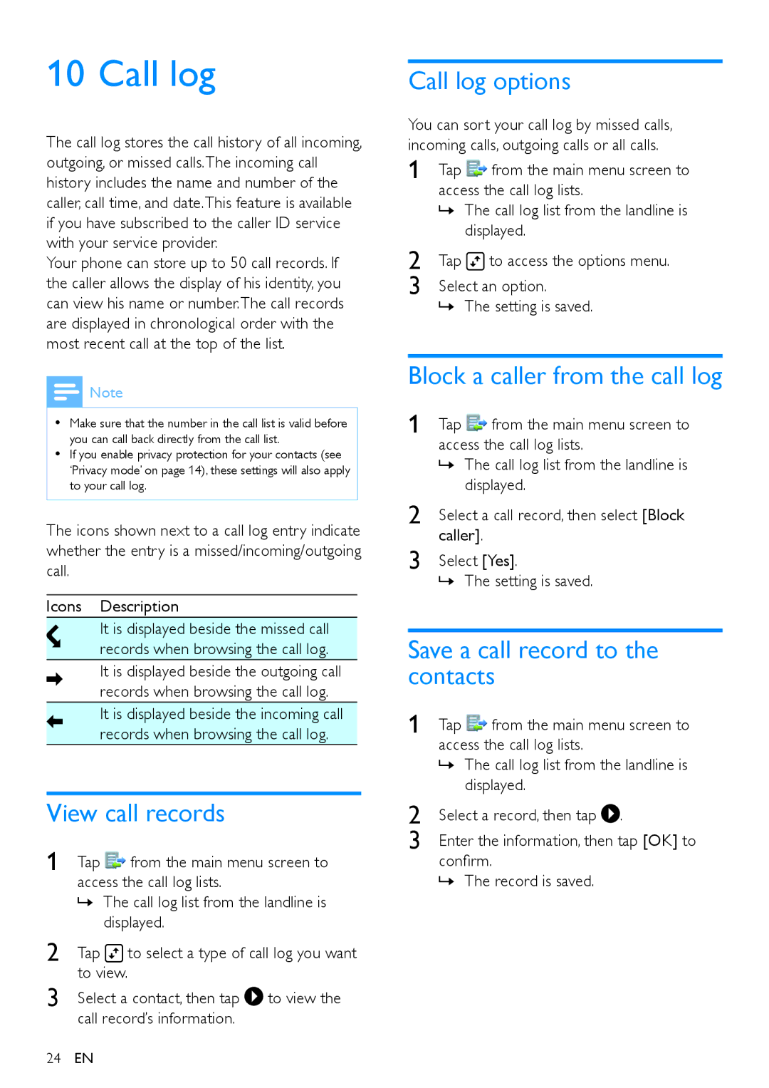 Philips s10 View call records, Call log options, Block a caller from the call log, Save a call record to the contacts 