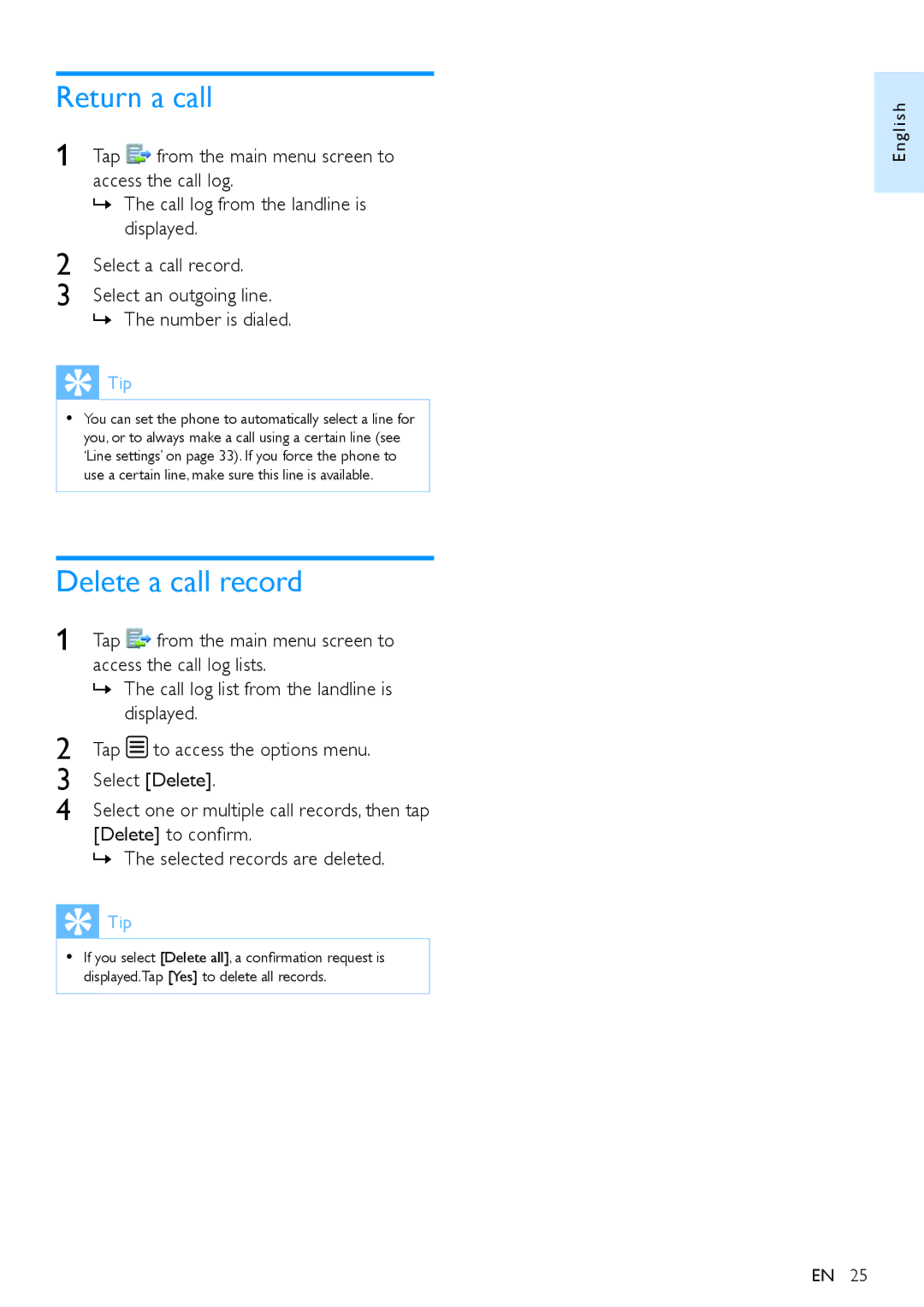 Philips S10A, s10 user manual Return a call, Delete a call record, Delete to confirm »» The selected records are deleted 