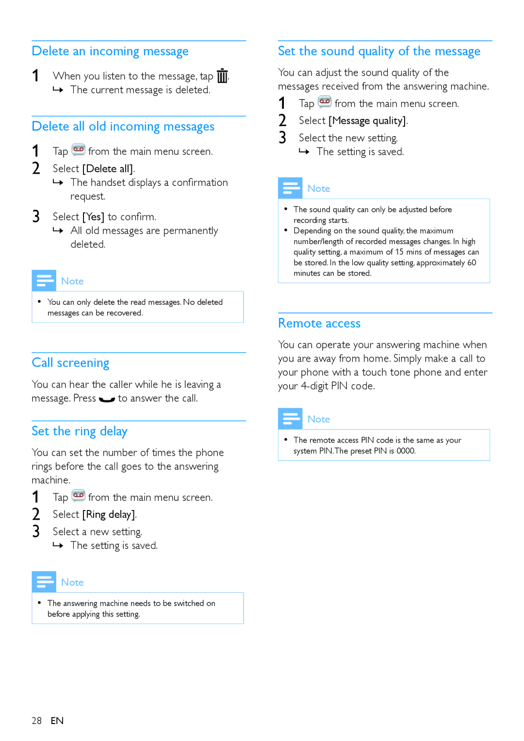 Philips s10, S10A Delete an incoming message, Delete all old incoming messages, Call screening, Set the ring delay 