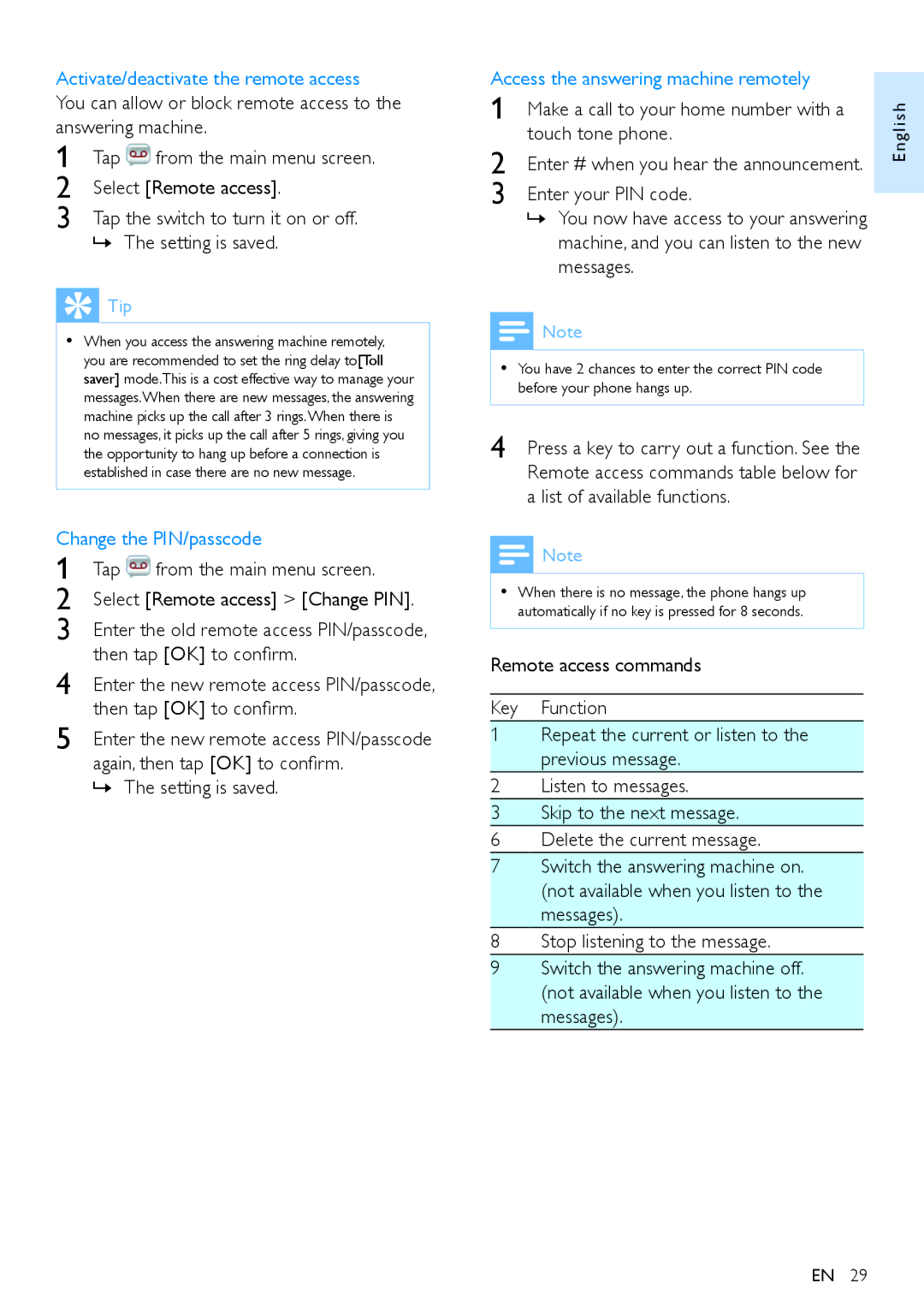 Philips S10A, s10 user manual Select Remote access, Touch tone phone, Enter your PIN code 