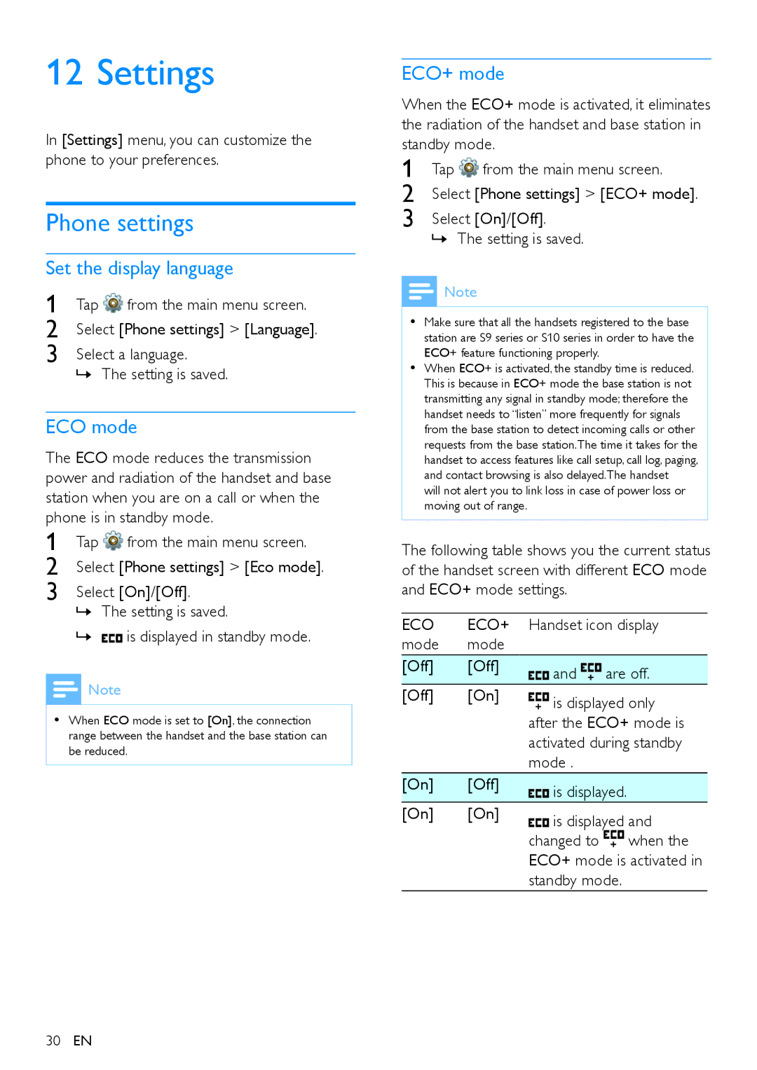 Philips s10, S10A user manual Settings, Phone settings, Set the display language, ECO mode, ECO+ mode 