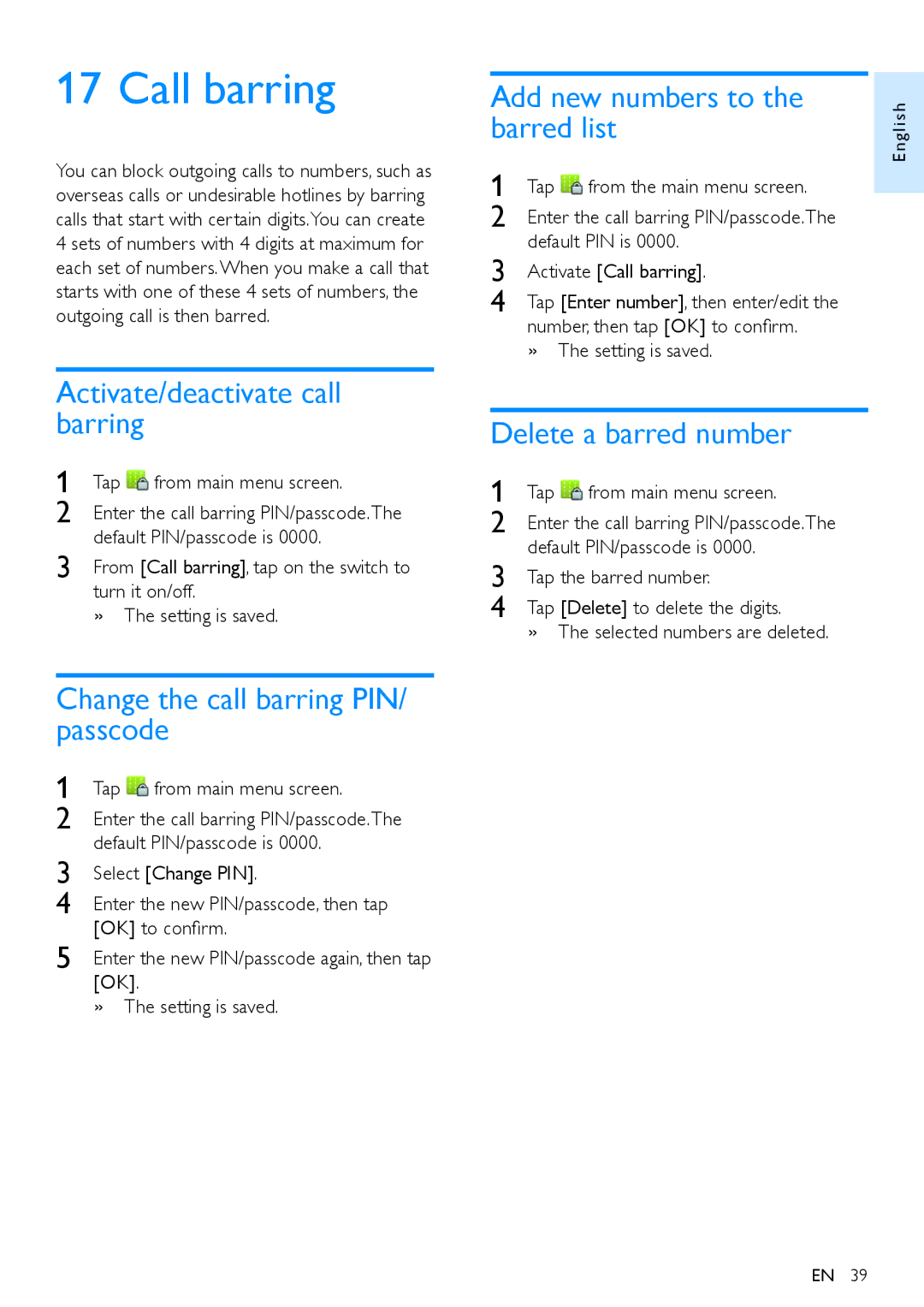 Philips S10A Call barring, Activate/deactivate call barring, Change the call barring PIN/ passcode, Delete a barred number 