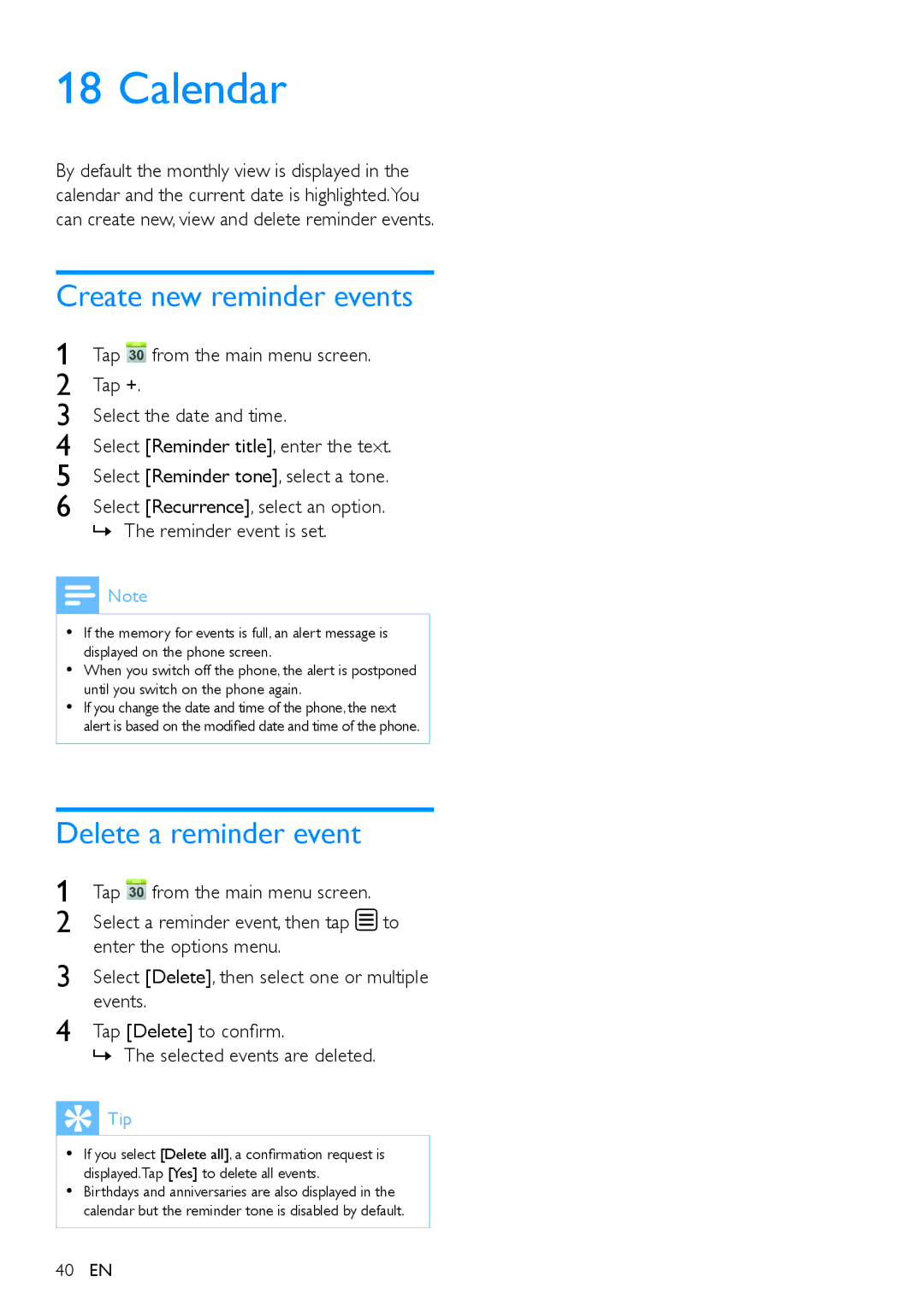 Philips s10, S10A user manual Calendar, Create new reminder events, Delete a reminder event, »» The reminder event is set 