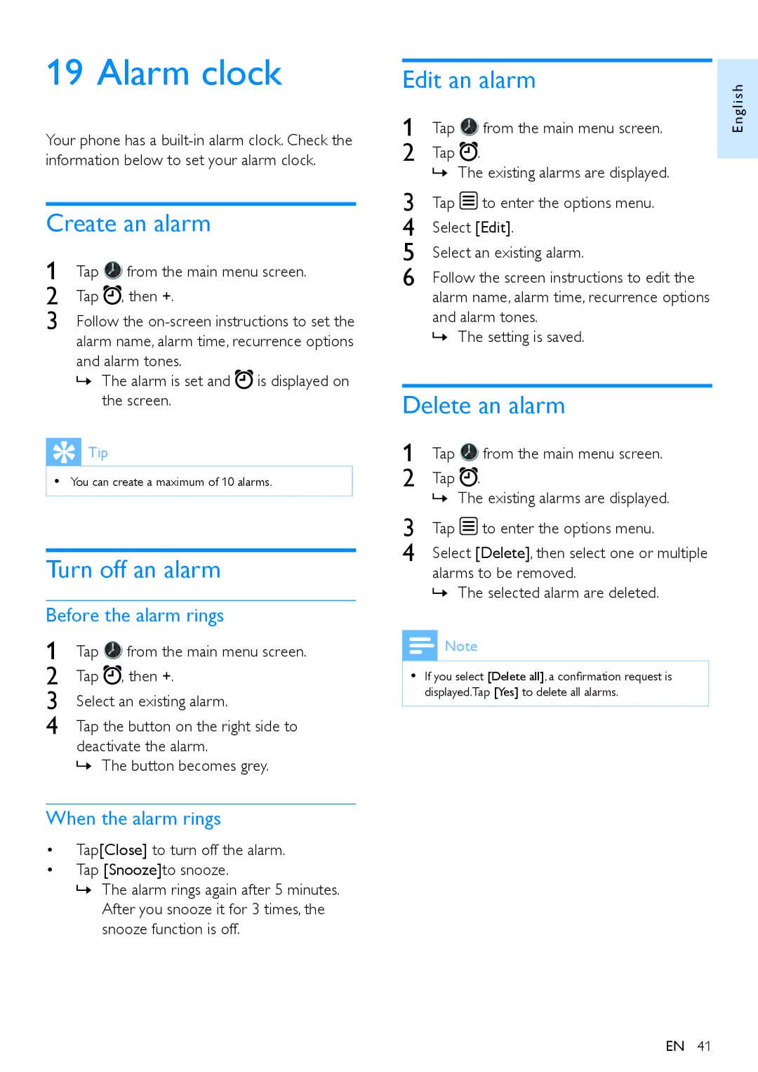 Philips S10A, s10 user manual Alarm clock, Create an alarm, Turn off an alarm, Edit an alarm, Delete an alarm 