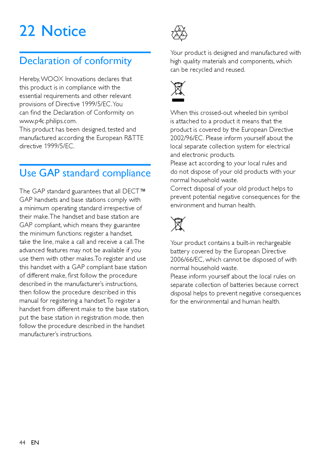 Philips s10, S10A user manual Declaration of conformity, Use GAP standard compliance 