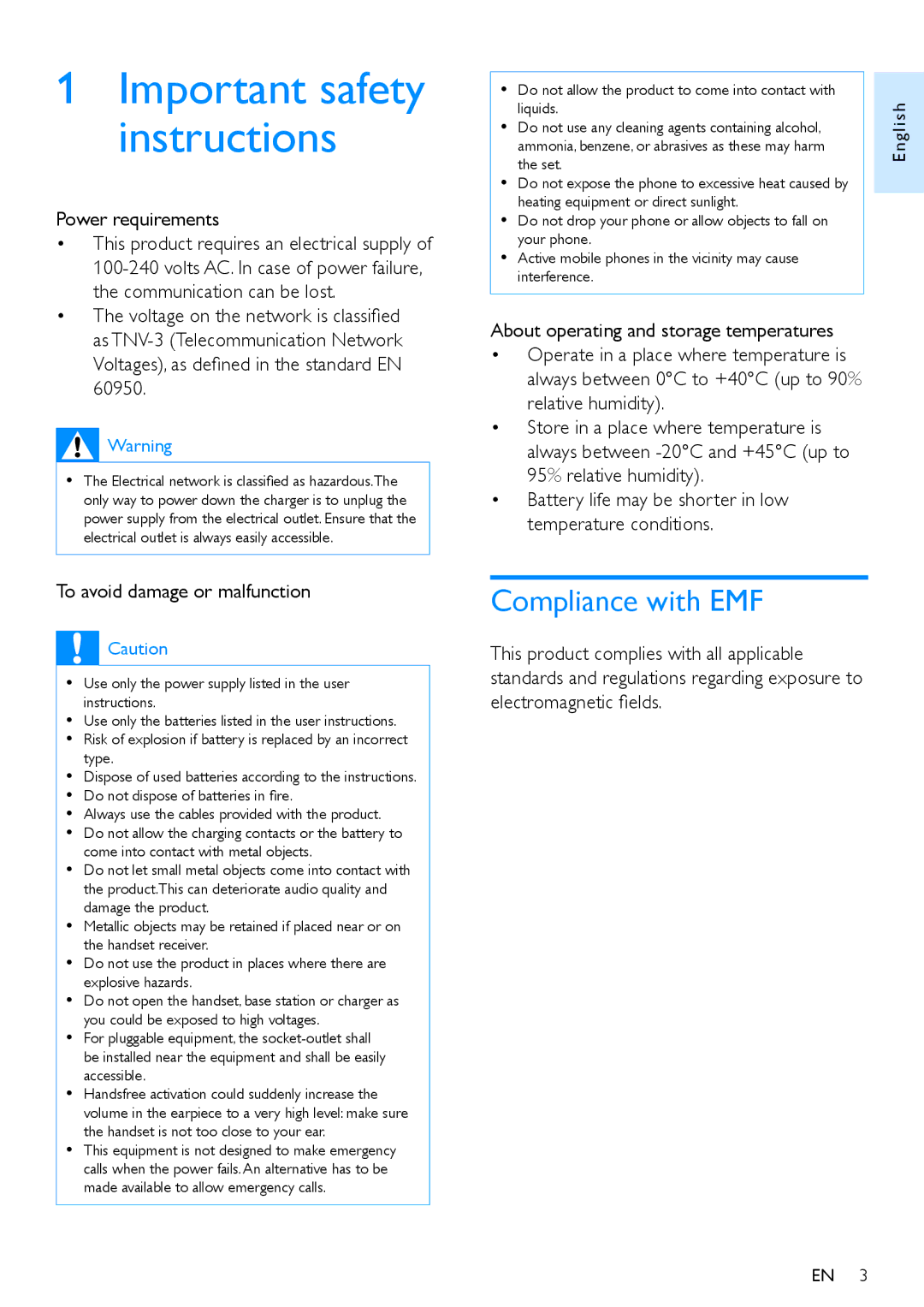 Philips S10A, s10 user manual Compliance with EMF, To avoid damage or malfunction, About operating and storage temperatures 