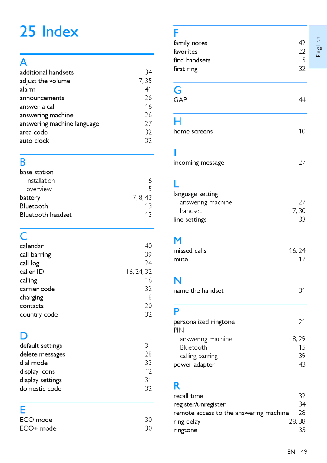 Philips S10A, s10 user manual Index, Ring delay Ringtone 