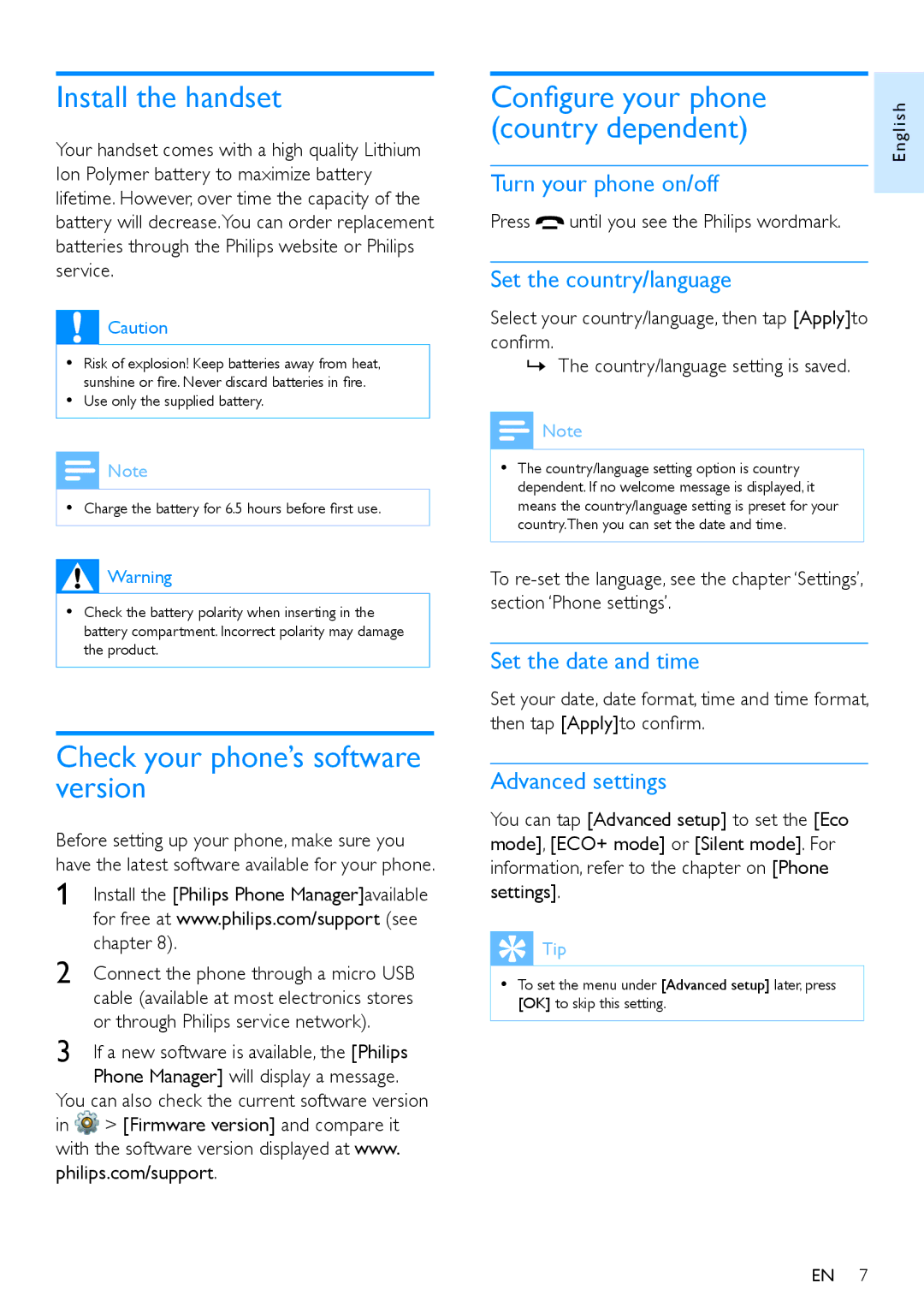 Philips S10A, s10 Install the handset, Check your phone’s software version, Configure your phone, Country dependent 