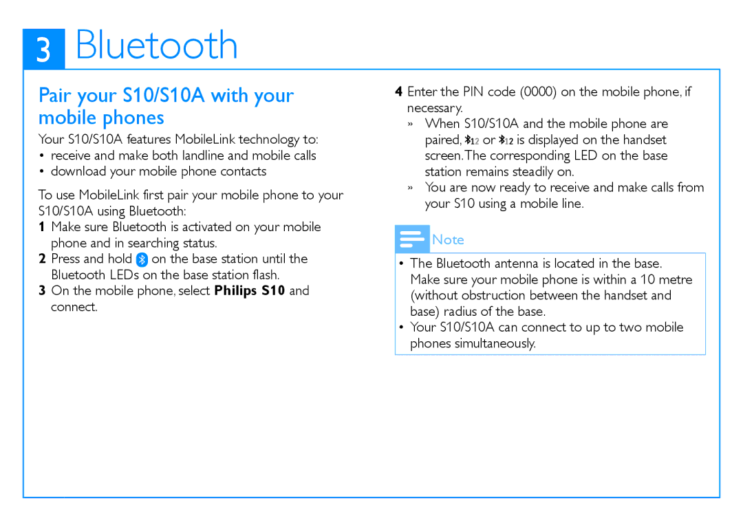 Philips s10 quick start Bluetooth, Pair your S10/S10A with your mobile phones 