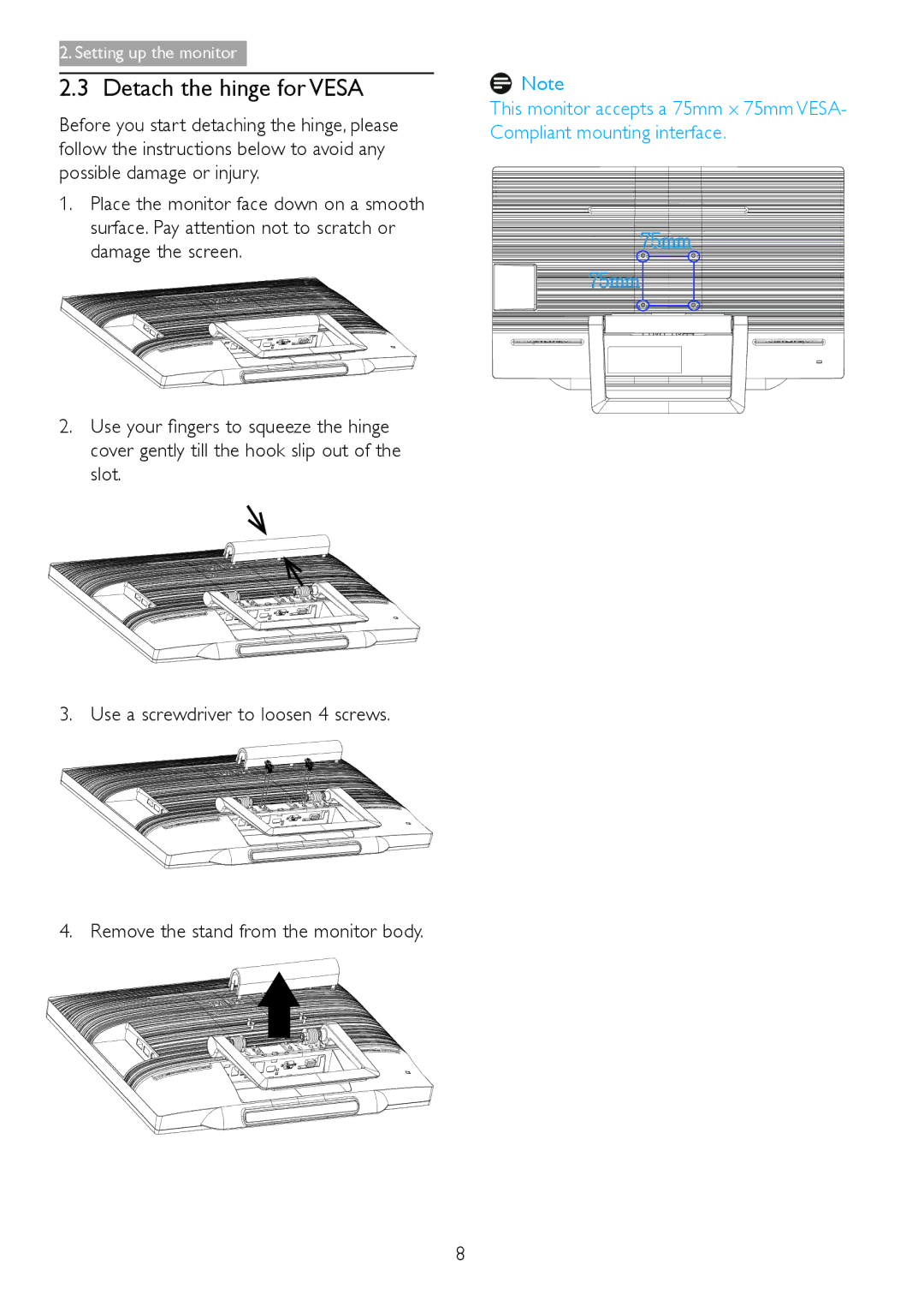 Philips S221C3 user manual Detach the hinge for Vesa 