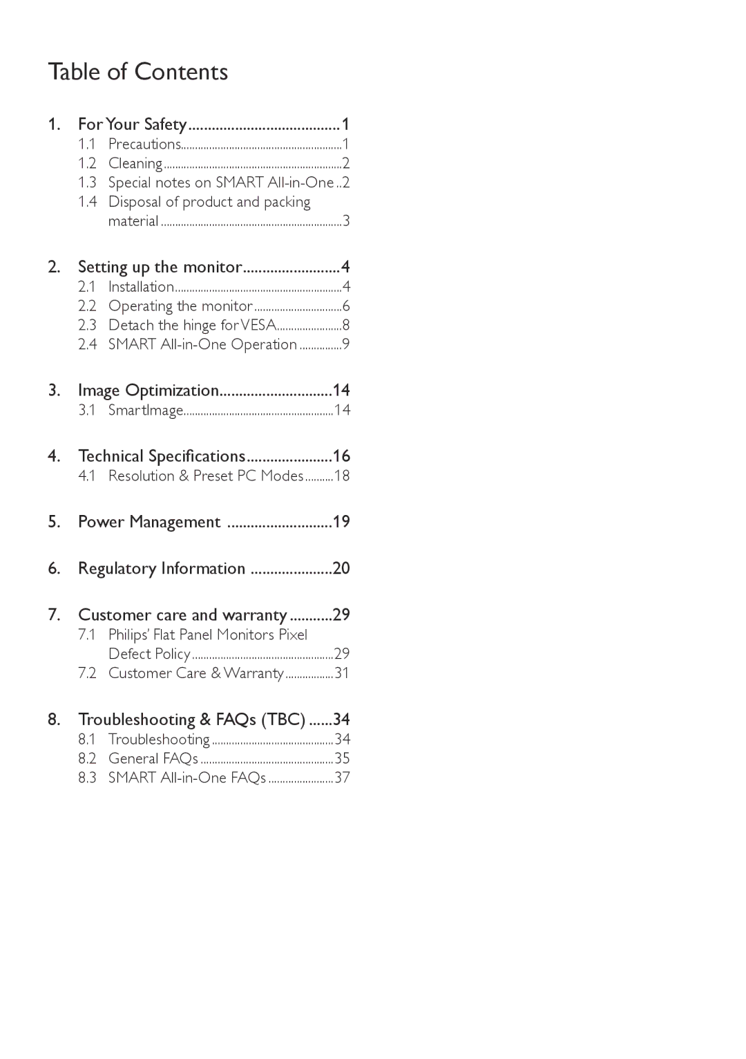 Philips S221C3 user manual Table of Contents 