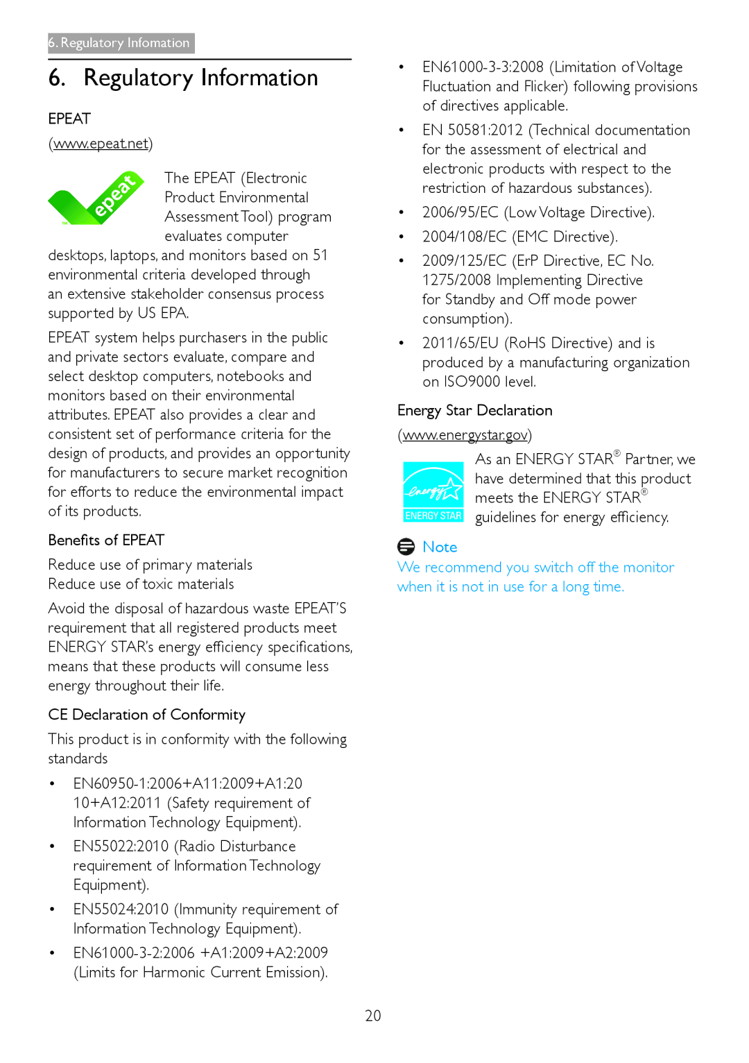 Philips S221C3 user manual Regulatory Information, Epeat Electronic Product Environmental, Benefits of Epeat 