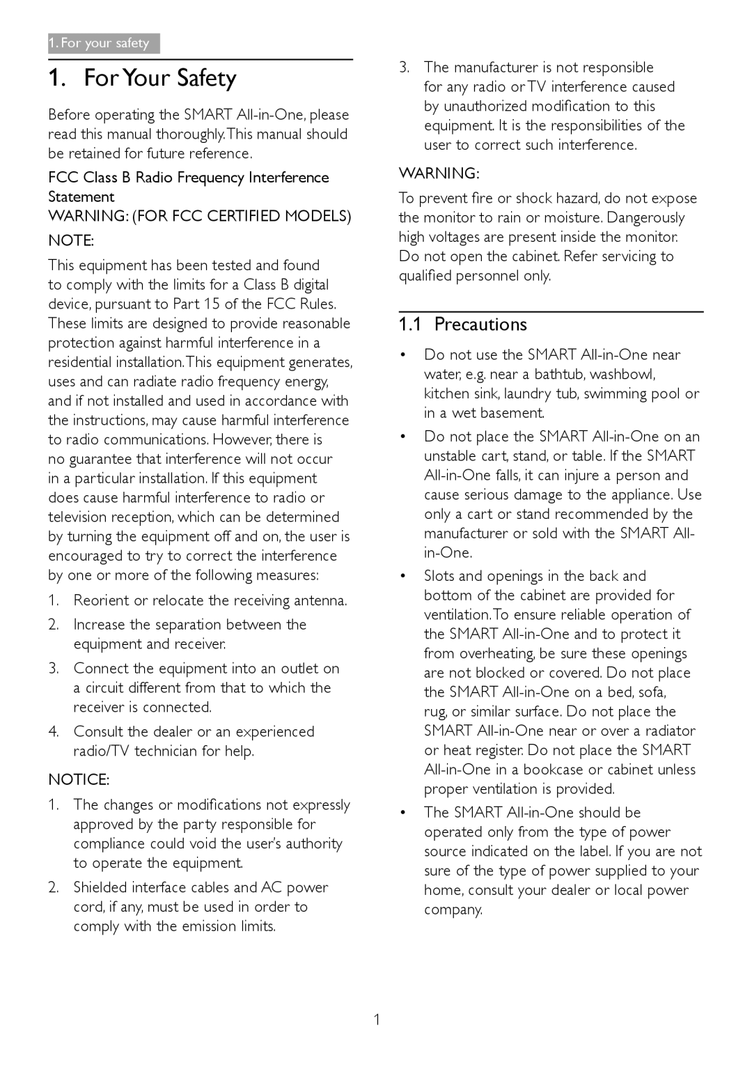 Philips S221C3 user manual For Your Safety, Precautions, FCC Class B Radio Frequency Interference Statement 