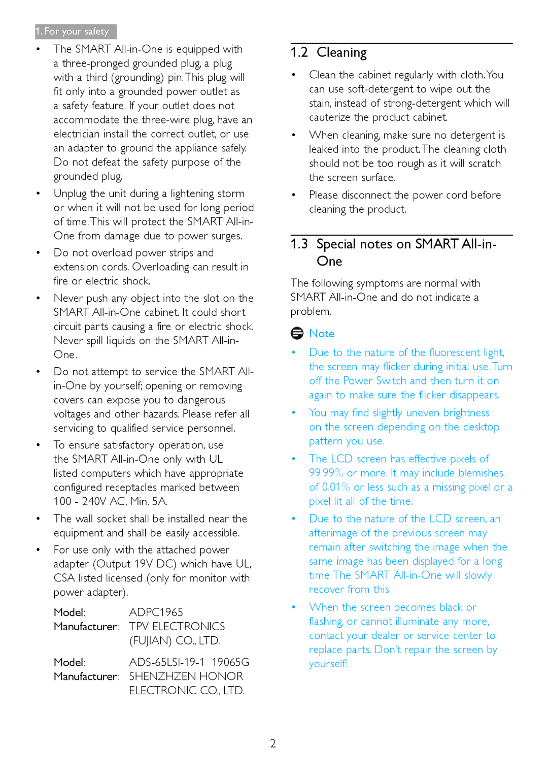 Philips S221C3 user manual Cleaning, Special notes on Smart All-in- One 