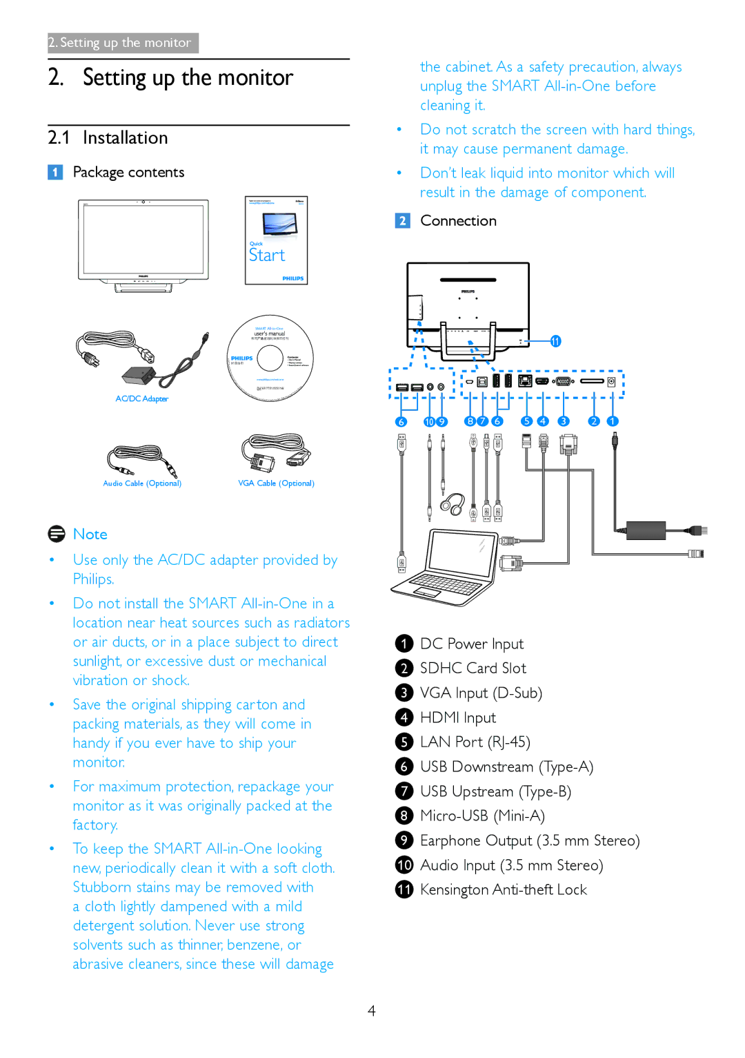 Philips S221C3 user manual Setting up the monitor, Installation, Package contents 