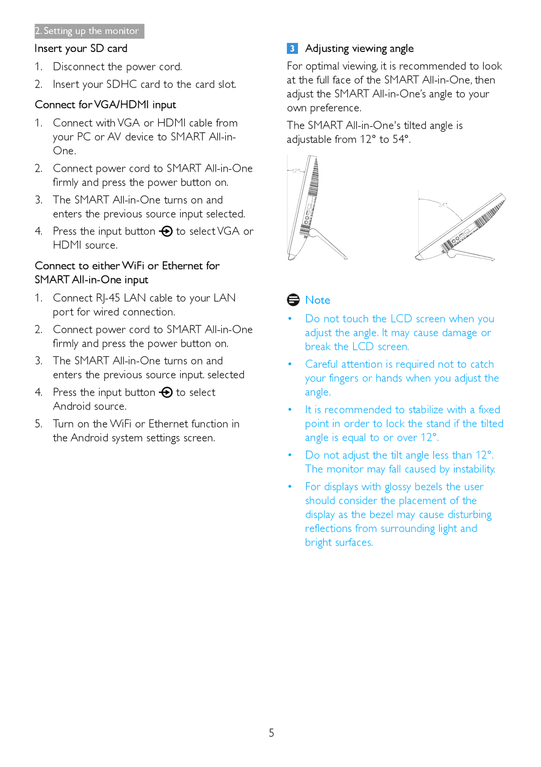 Philips S221C3 user manual Press the input button to select Android source, Adjusting viewing angle 