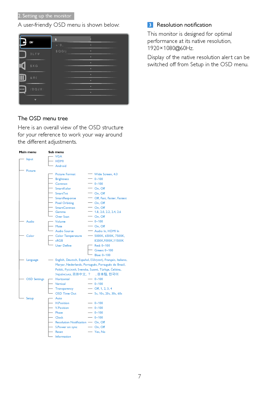 Philips S221C3 user manual Main menu Sub menu 