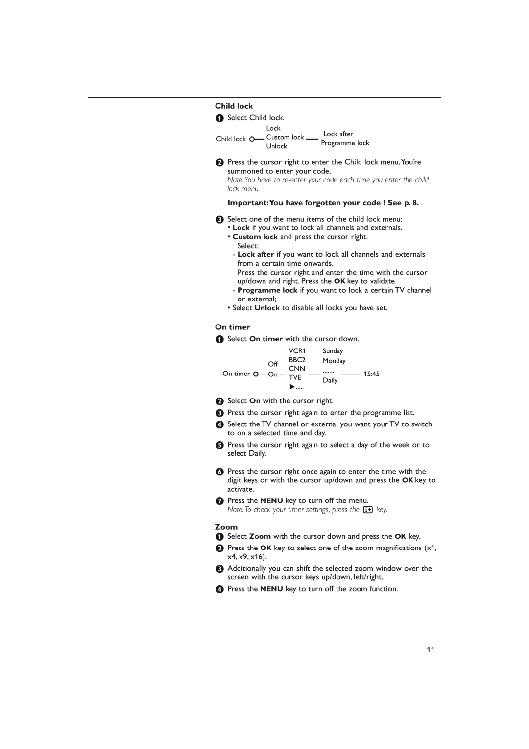 Philips S50 manual Child lock, ImportantYou have forgotten your code ! See p, On timer, Zoom 