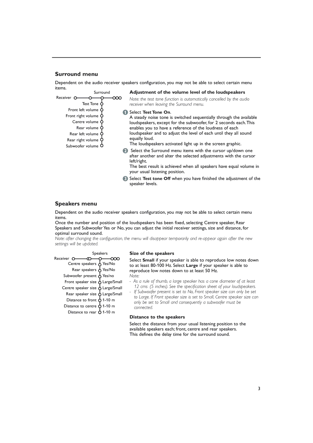 Philips S50 manual Surround menu, Speakers menu, Adjustment of the volume level of the loudspeakers, Size of the speakers 