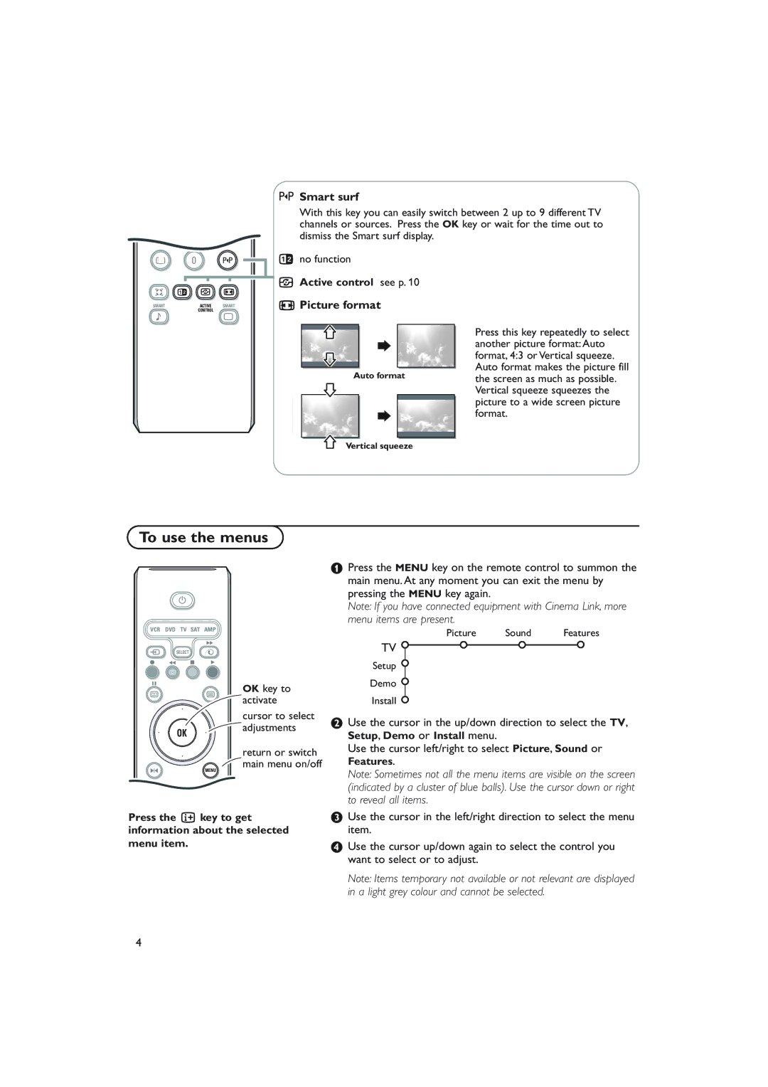 Philips S50 manual To use the menus, Smart surf, Picture format 