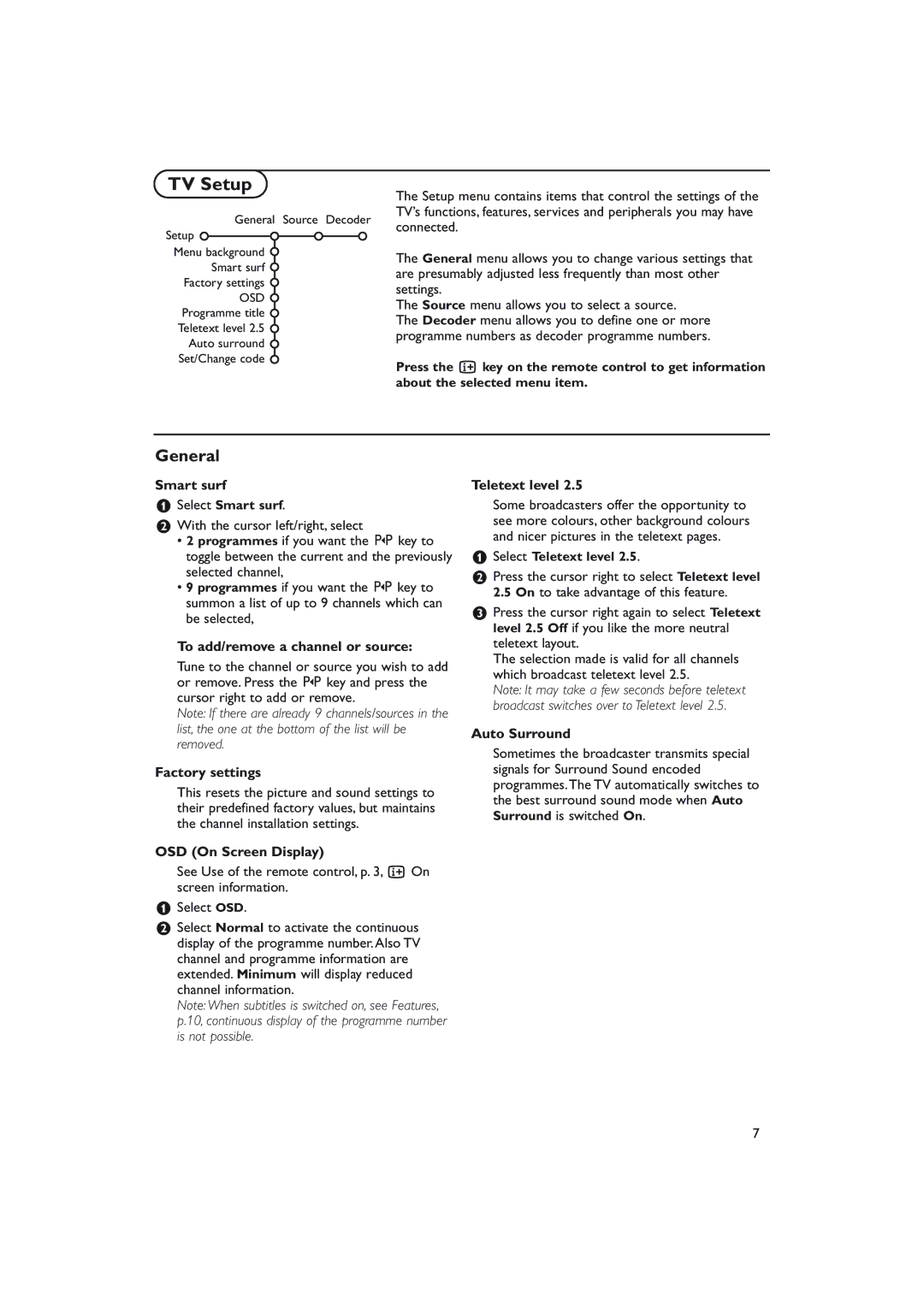 Philips S50 manual TV Setup, General 