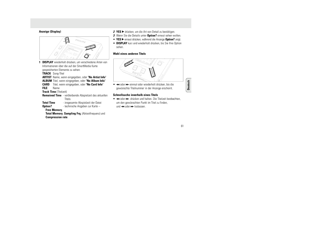 Philips SA 106 manual Anzeige Display, Track Time Titelzeit, Wahl eines anderen Titels, Schnellsuche innerhalb eines Titels 