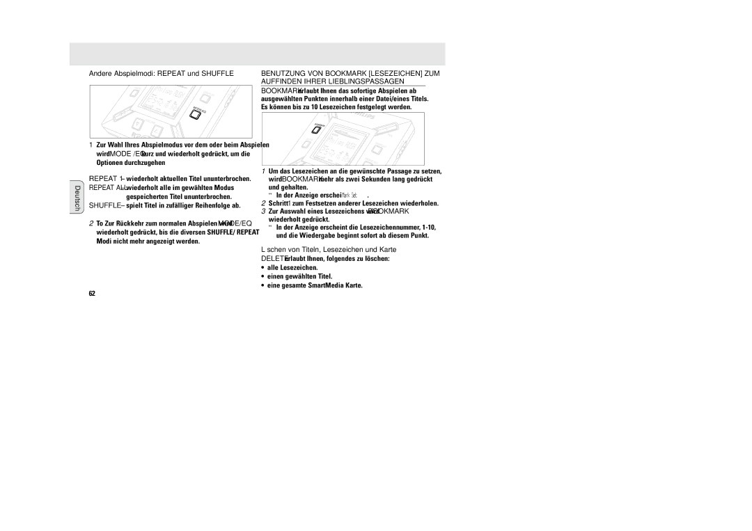 Philips SA 105, SA 100, SA 106 manual Andere Abspielmodi Repeat und Shuffle, Löschen von Titeln, Lesezeichen und Karte 