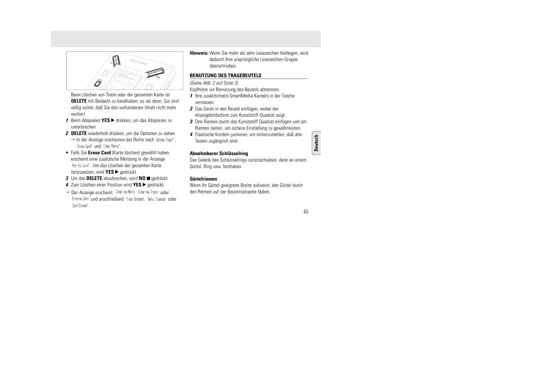 Philips SA 100, SA 106, SA 105 manual Benutzung DES Tragebeutels, Abnehmbarer Schlüsselring, Gürtelriemen 