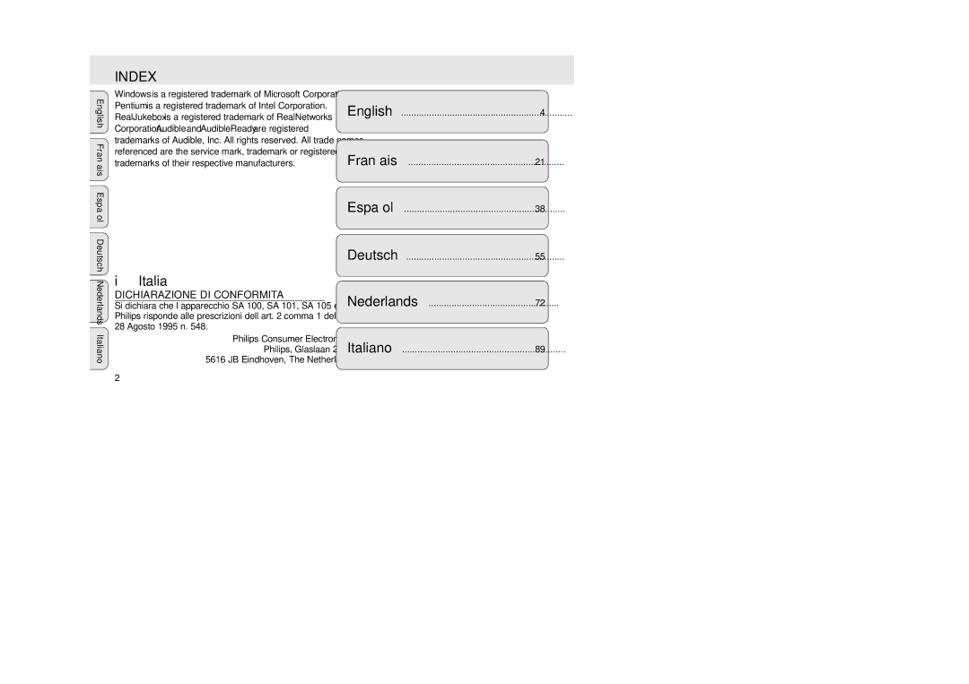 Philips SA 105, SA 100, SA 106 manual Index, Italia 