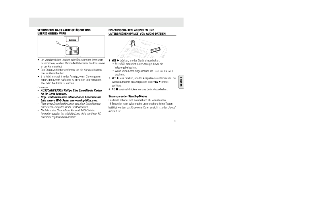 Philips SA 105, SA 100, SA 106 manual Hinweise, Stromsparender Standby-Modus 