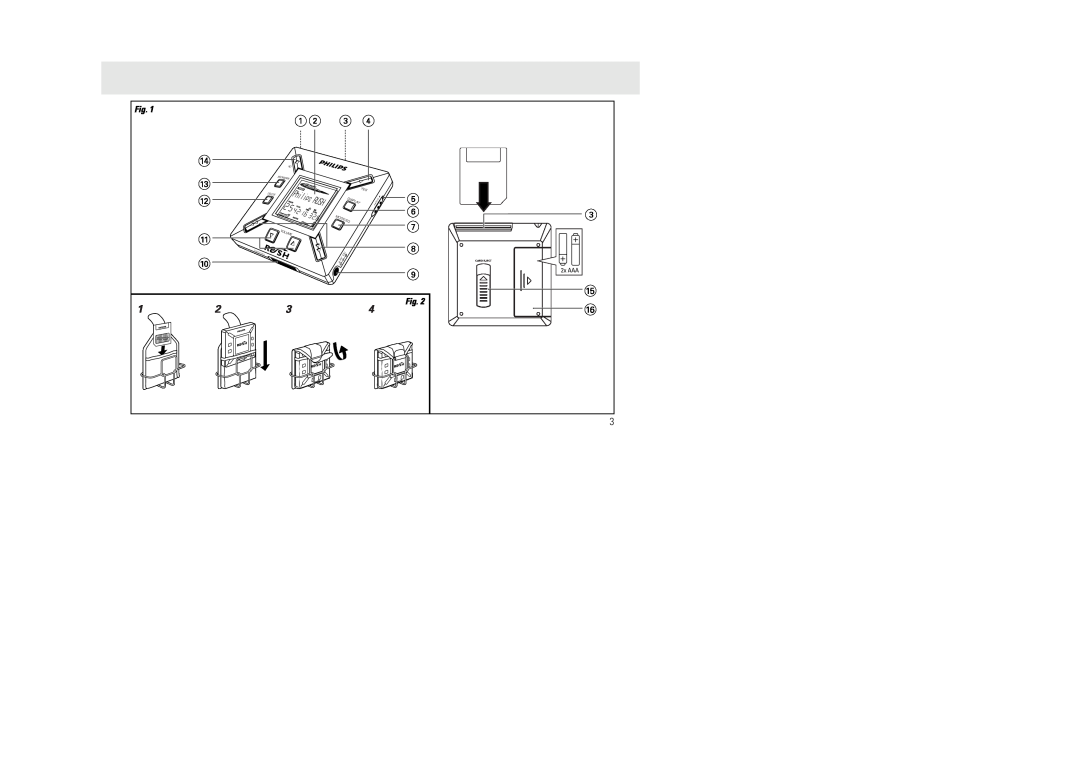 Philips SA 100, SA 106, SA 105 manual 2x AAA, Datai/O, Display, Mode/Eq, Volume, Bookmark, Delete, Hold, Card Eject 