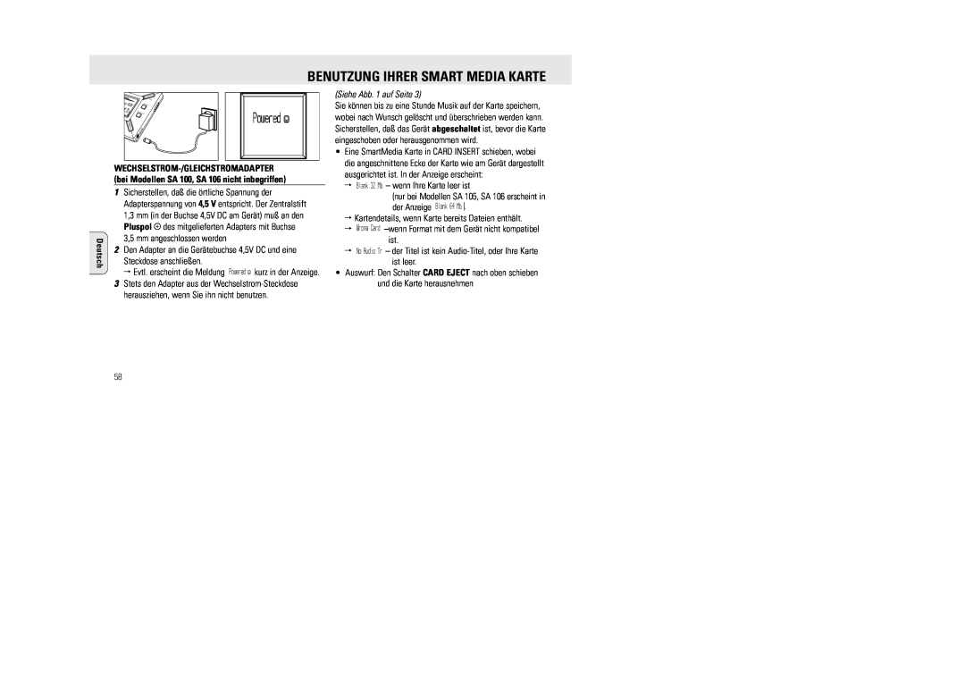 Philips SA 106 manual Benutzung Ihrer Smart Media Karte, Steckdose anschließen, ª Evtl. erscheint die Meldung, der Anzeige 