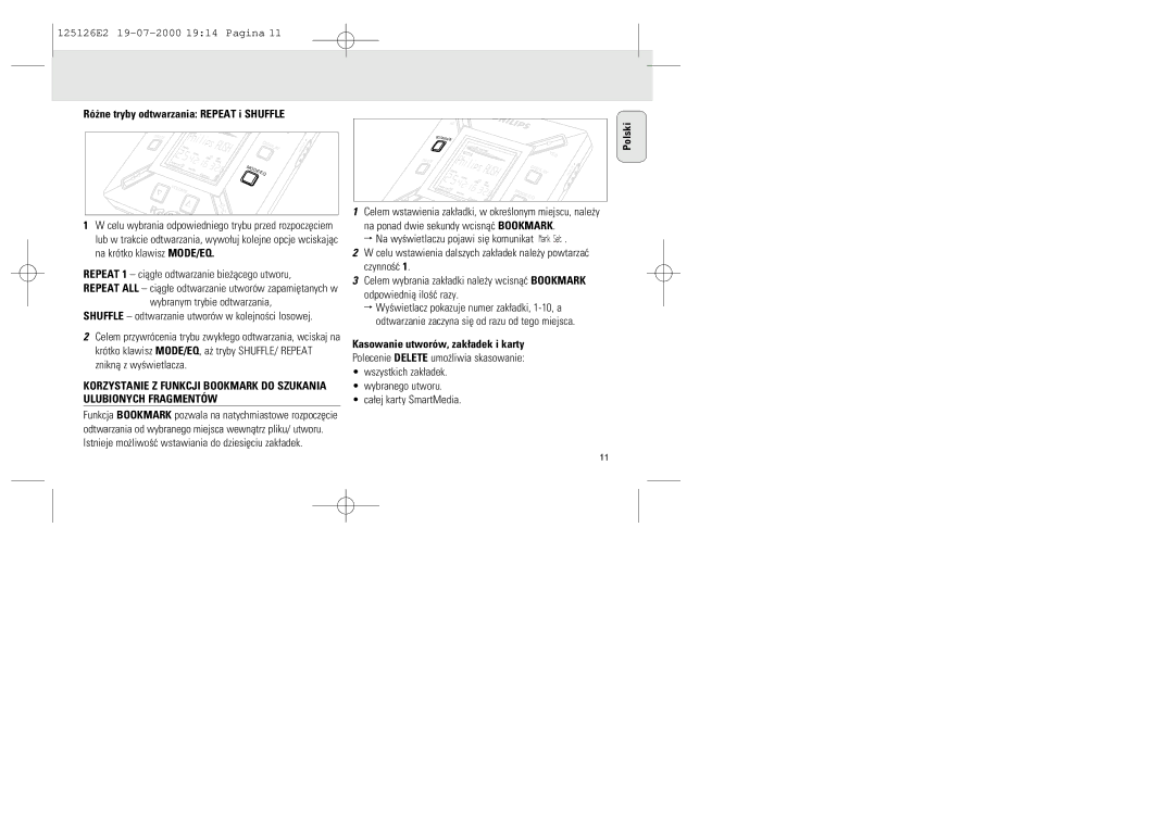 Philips SA 125, SA 126 manual Ró¿ne tryby odtwarzania Repeat i Shuffle, Repeat 1 ciåg¬e odtwarzanie bie¿åcego utworu 