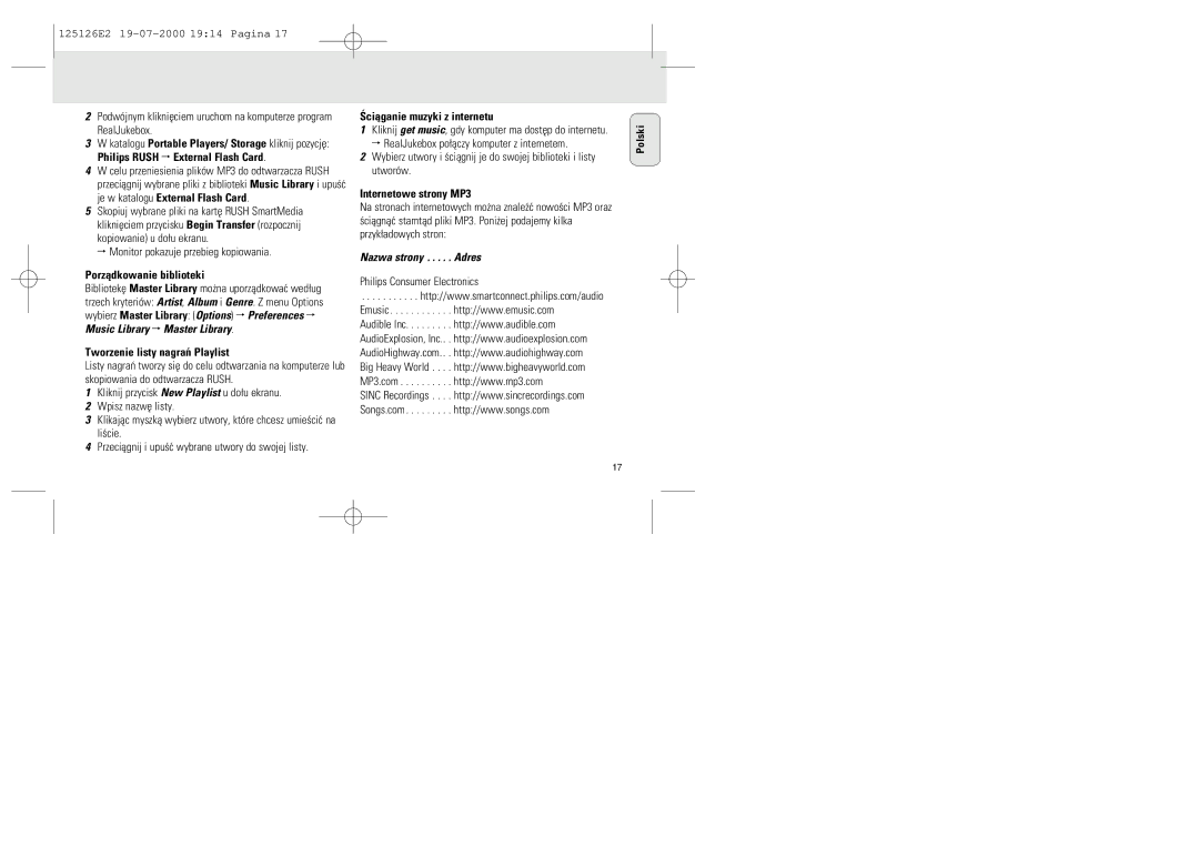 Philips SA 125, SA 126 manual Porzådkowanie biblioteki, Tworzenie listy nagrañ Playlist, Œciåganie muzyki z internetu 