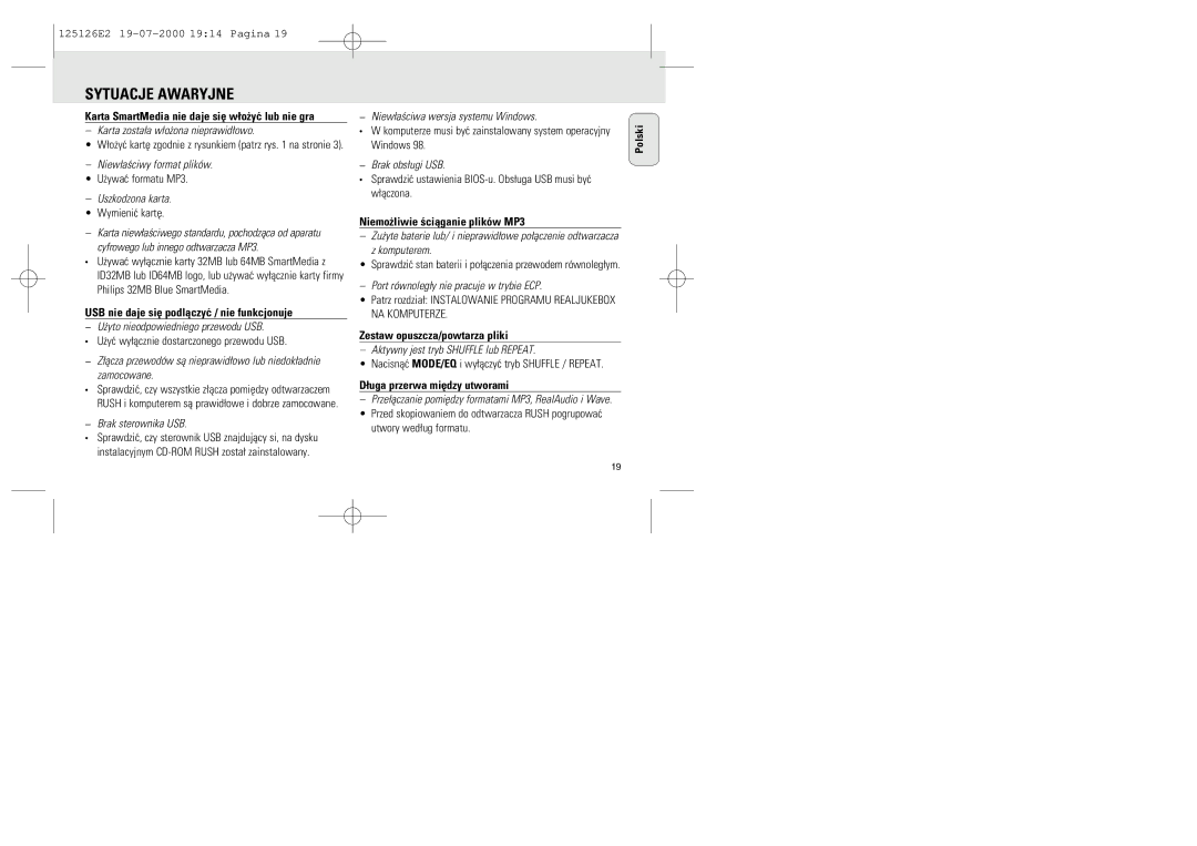 Philips SA 125, SA 126 manual USB nie daje siê podlåczyæ / nie funkcjonuje, Niemo¿liwie œciåganie plików MP3 